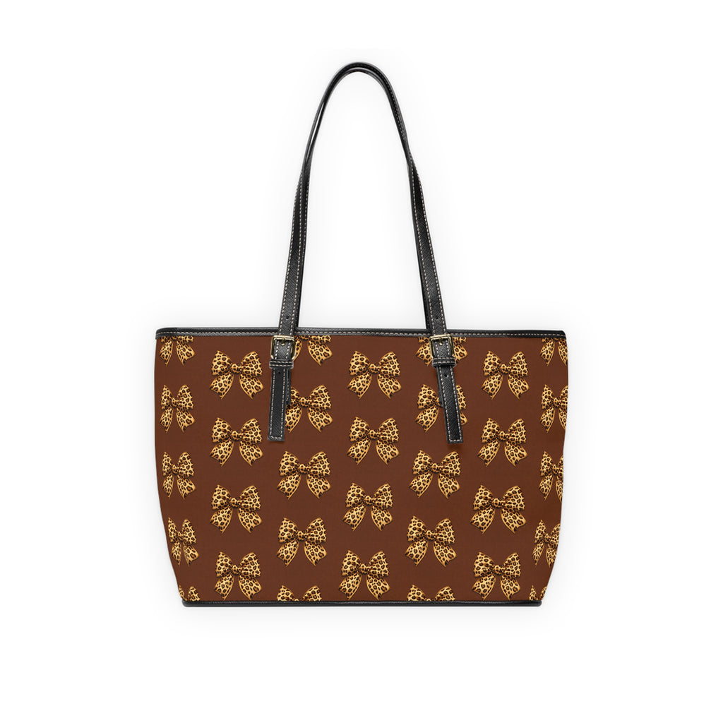Brown PU Leather Shoulder Bag with Gold Leopard Bow Pattern