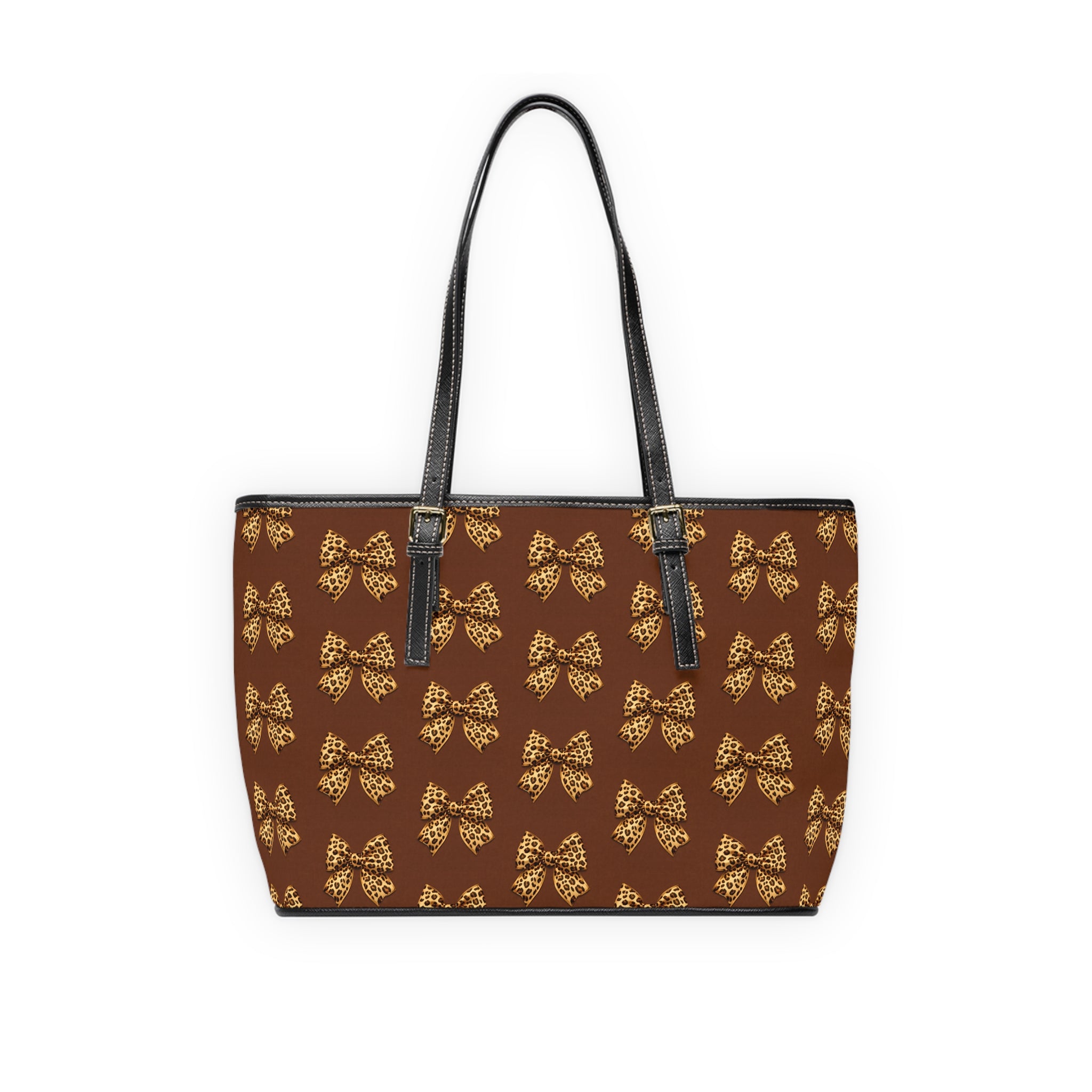 Brown PU Leather Shoulder Bag with Gold Leopard Bow Pattern
