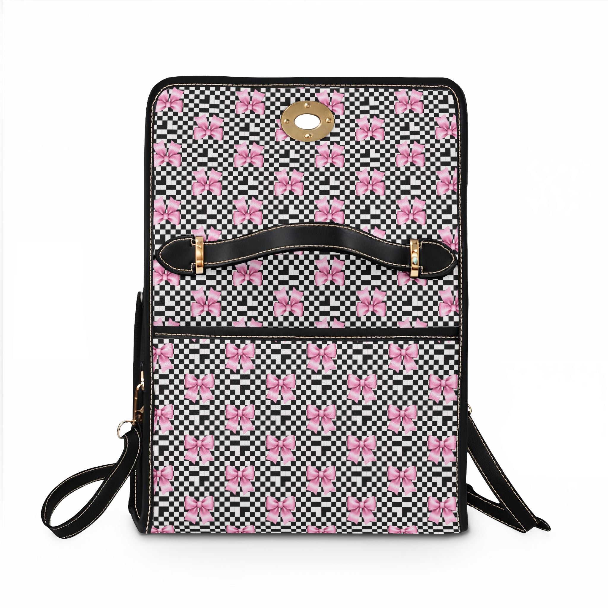 Pink Bow Black and White Checkered Pattern Waterproof Canvas Bag