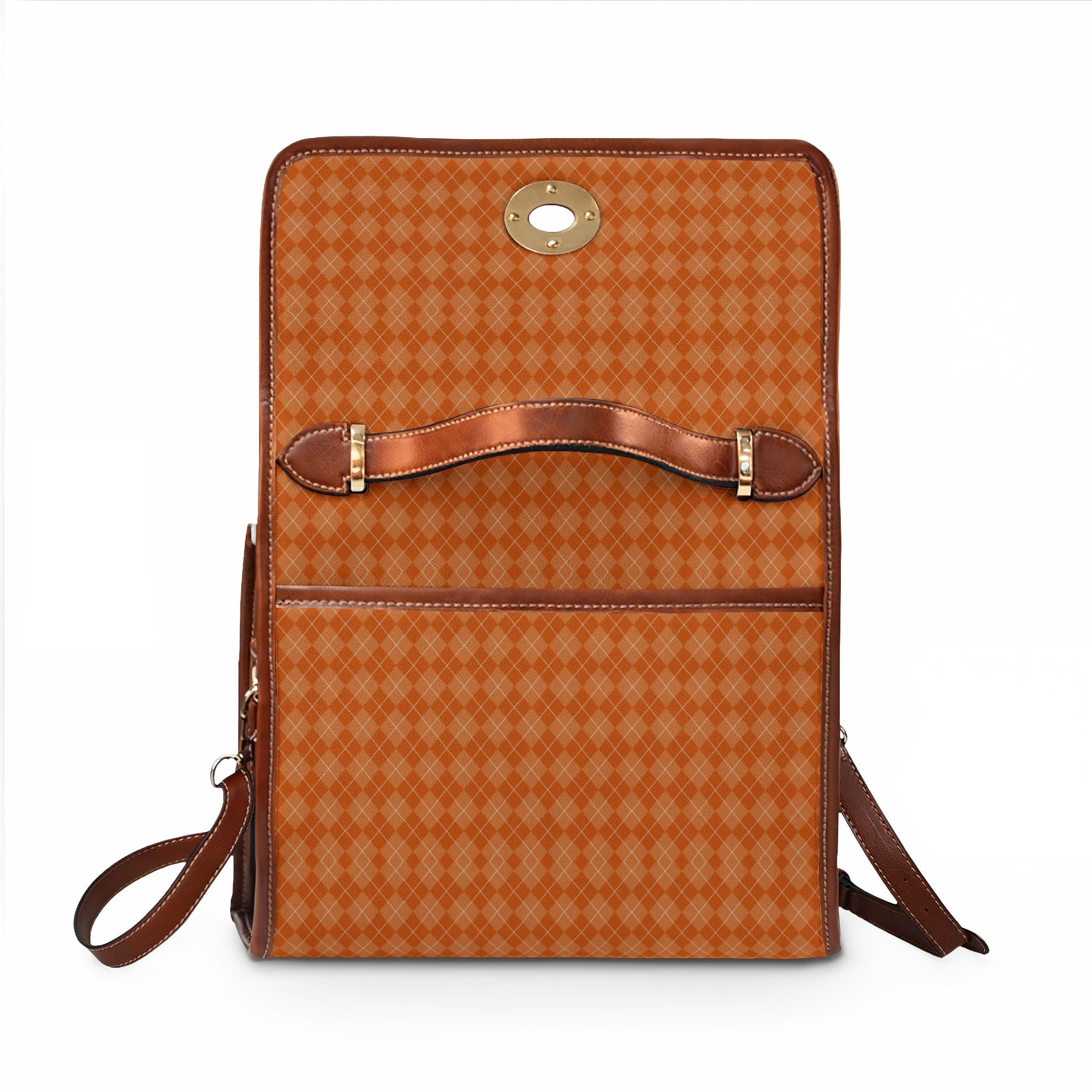 Tan Checker Pattern Waterproof Canvas Bag | Leather Trim Satchel