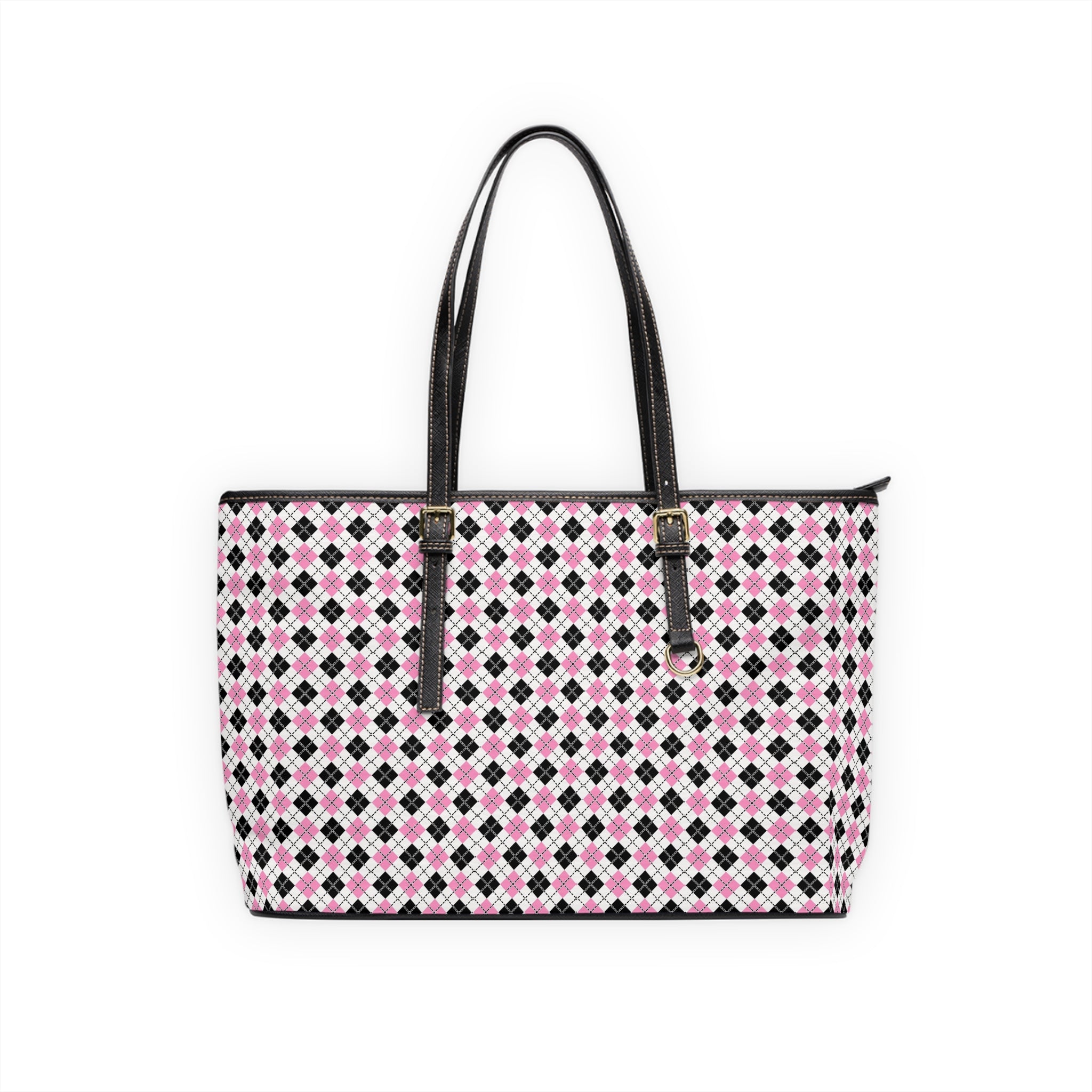 Pink Black Argyle Pattern Shoulder Bag | Geometric Tote, PU Leather