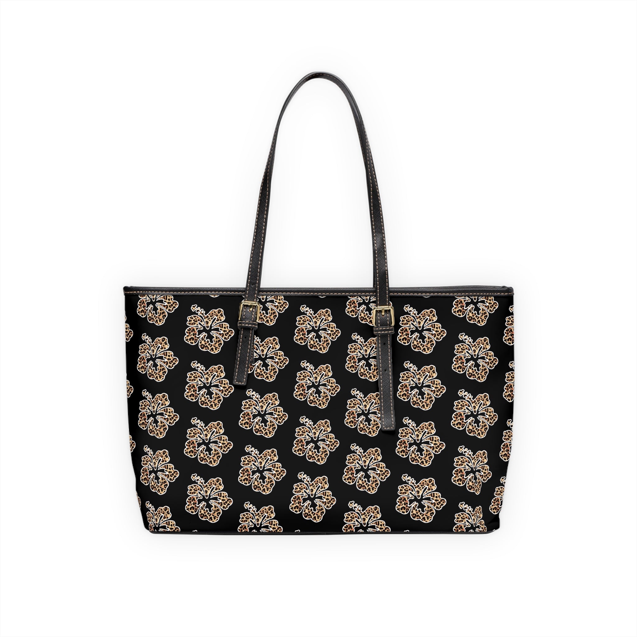Leopard Floral PU Leather Shoulder Bag — Chic Black Tote for Everyday & Work