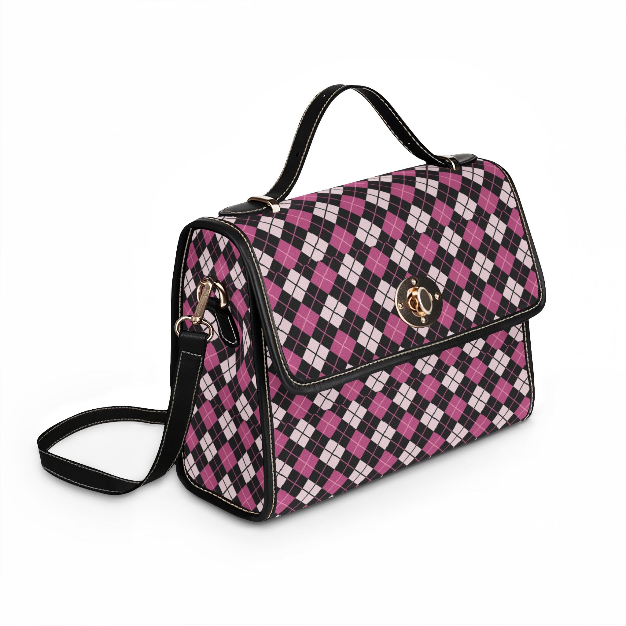 Pink Black Argyle Pattern Waterproof Canvas Bag | Plaid Handbag