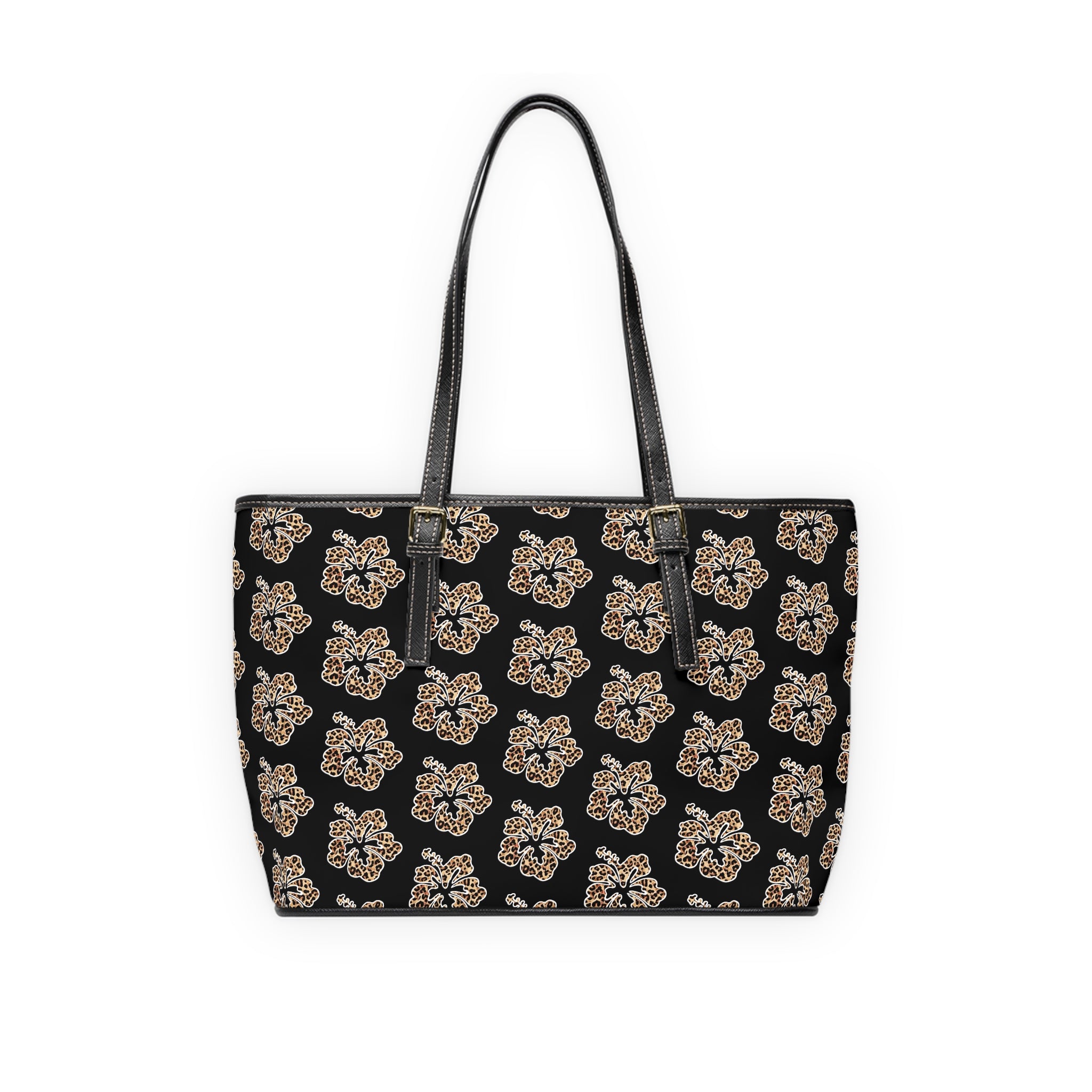 Leopard Floral PU Leather Shoulder Bag — Chic Black Tote for Everyday & Work