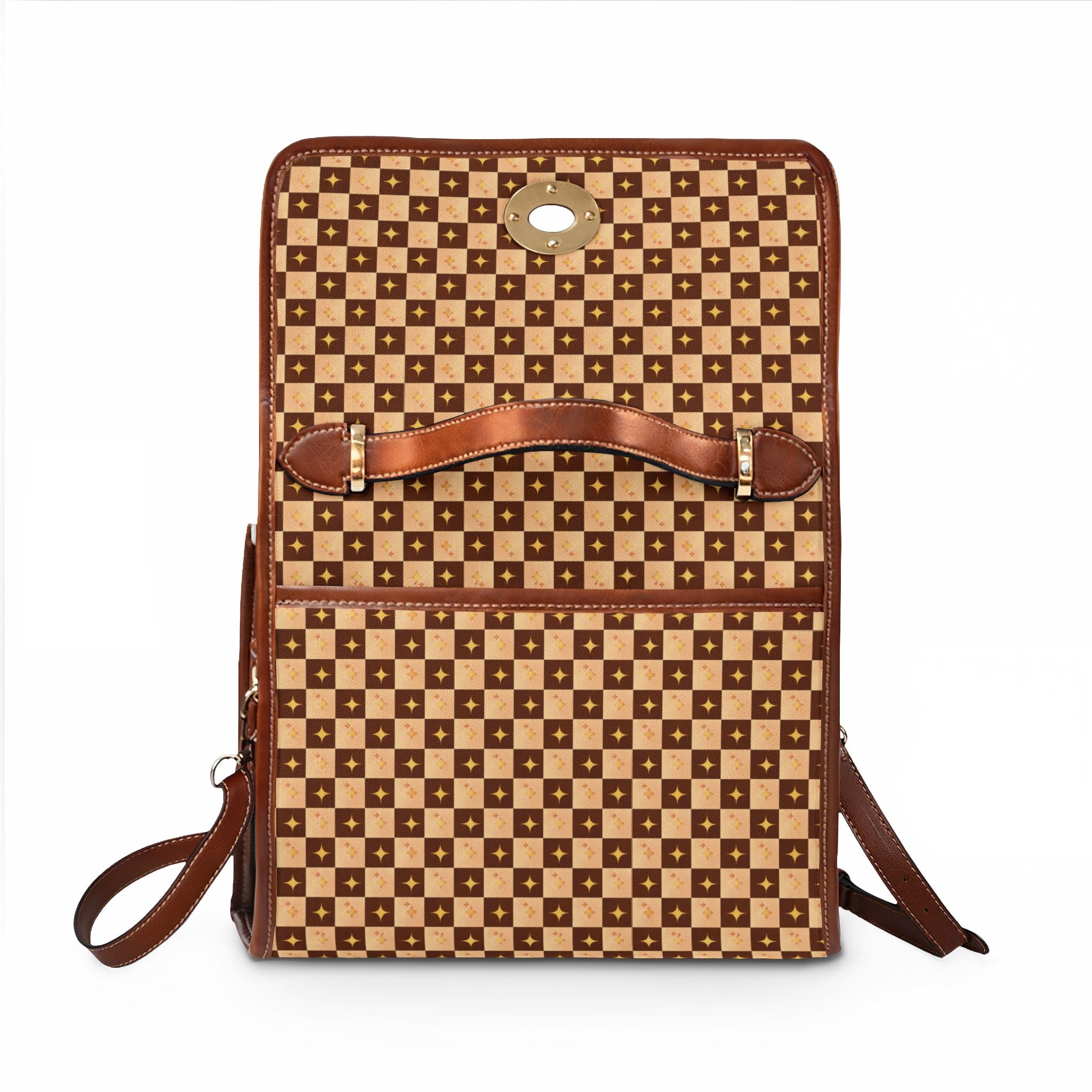 Checkerboard Pattern Handbag Waterproof Canvas Bag | Brown Leather Trim