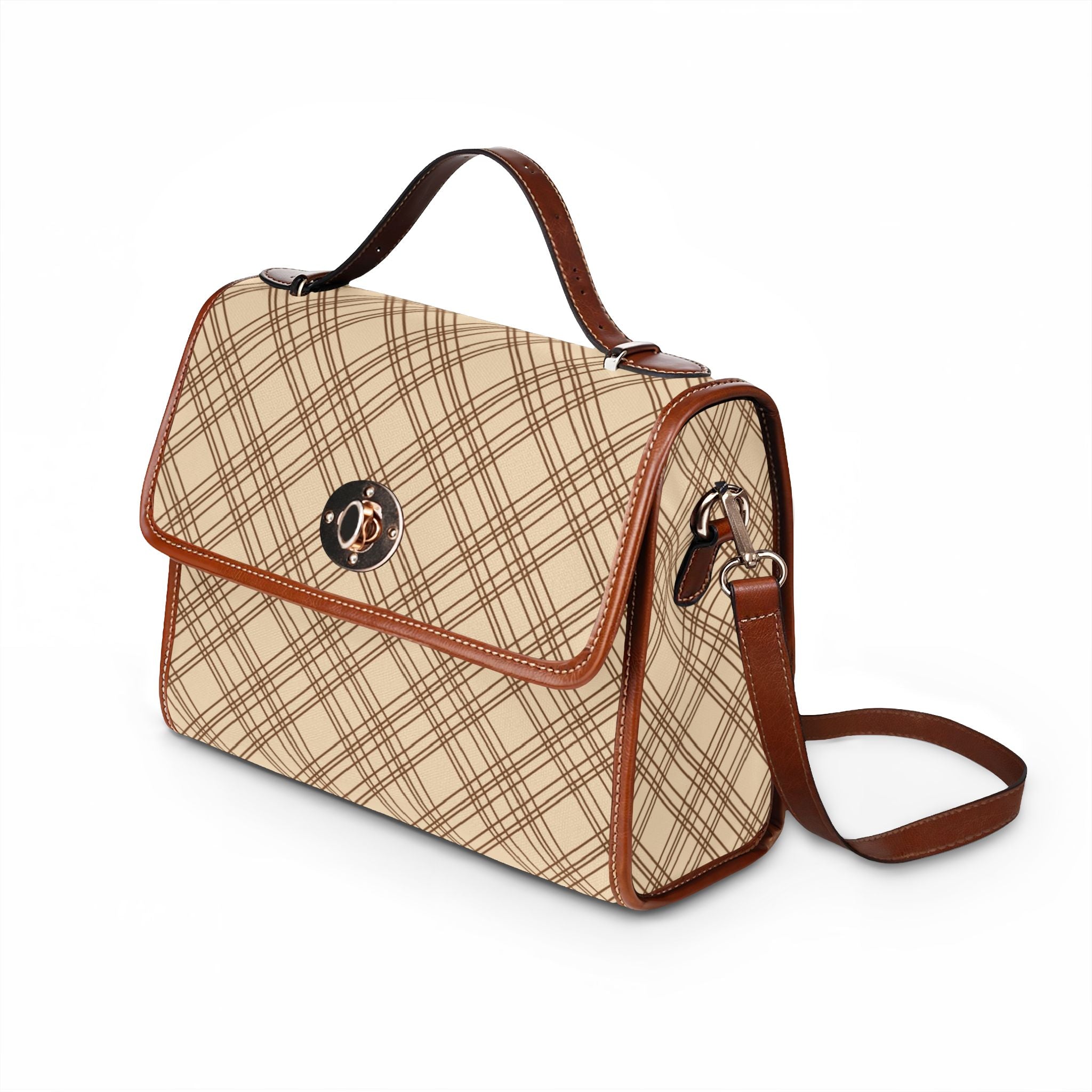 Beige Plaid Pattern Waterproof Canvas Bag