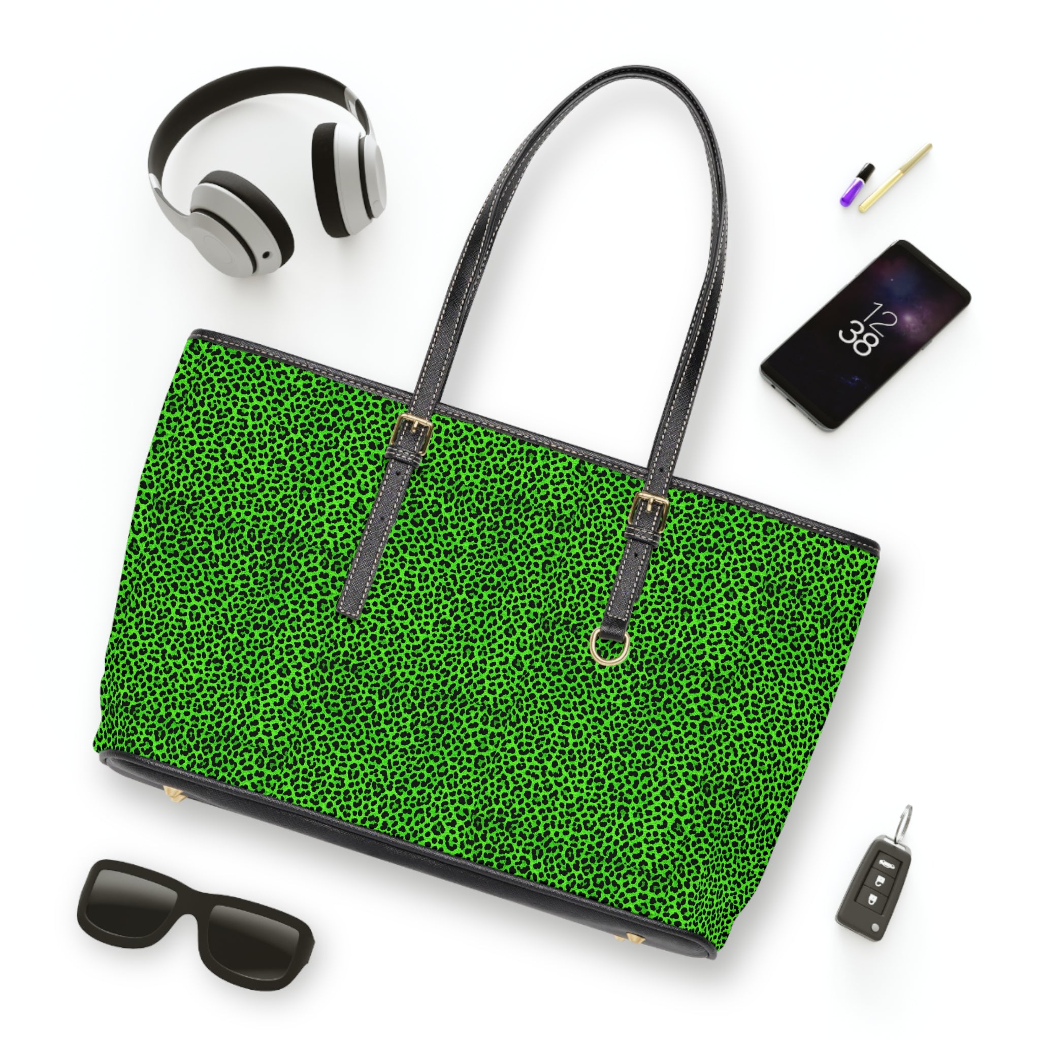 Green Leopard Print Shoulder Bag — PU Leather Tote for Everyday Chic