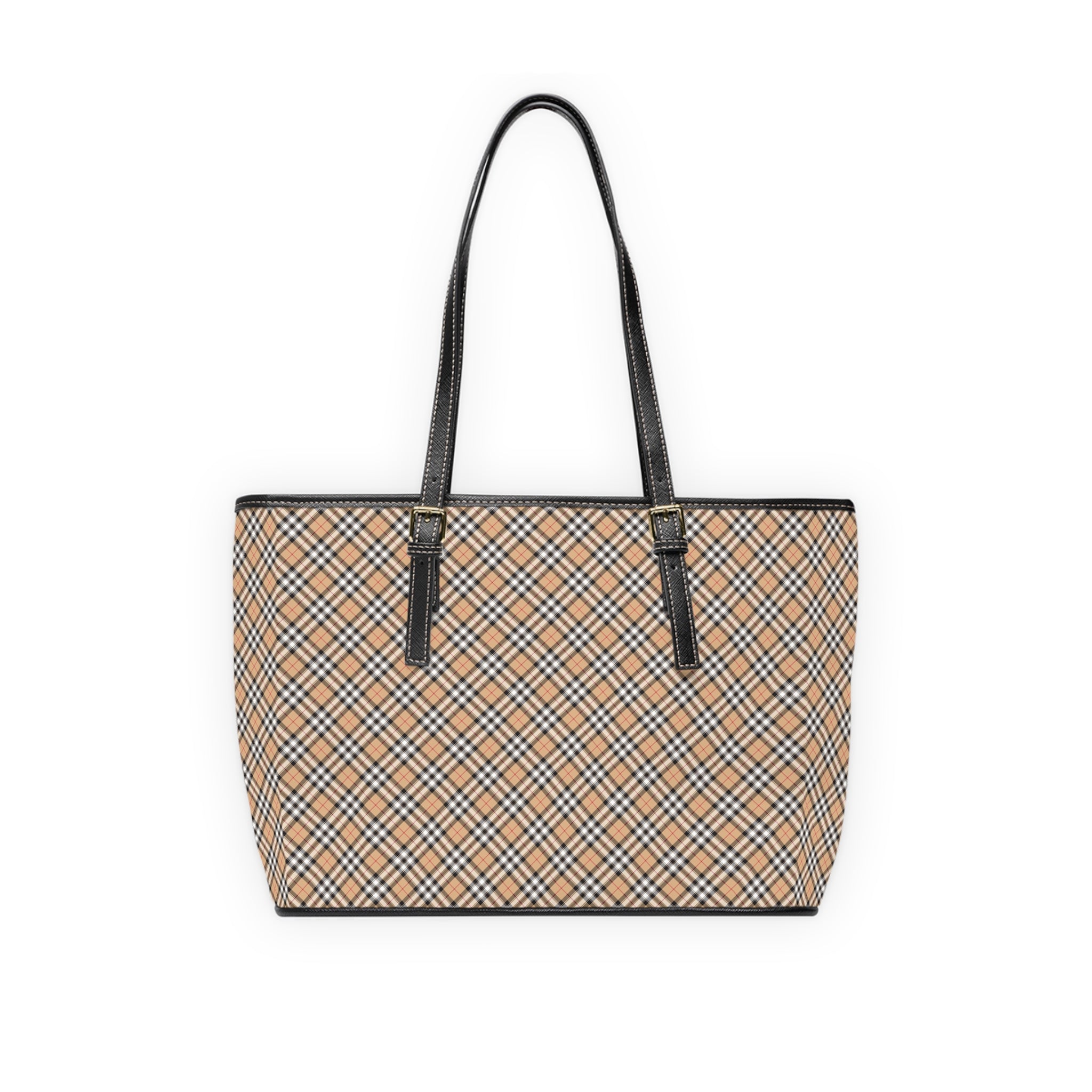 Tan Plaid Tote PU Leather Shoulder Bag | Checkered Pattern Handbag