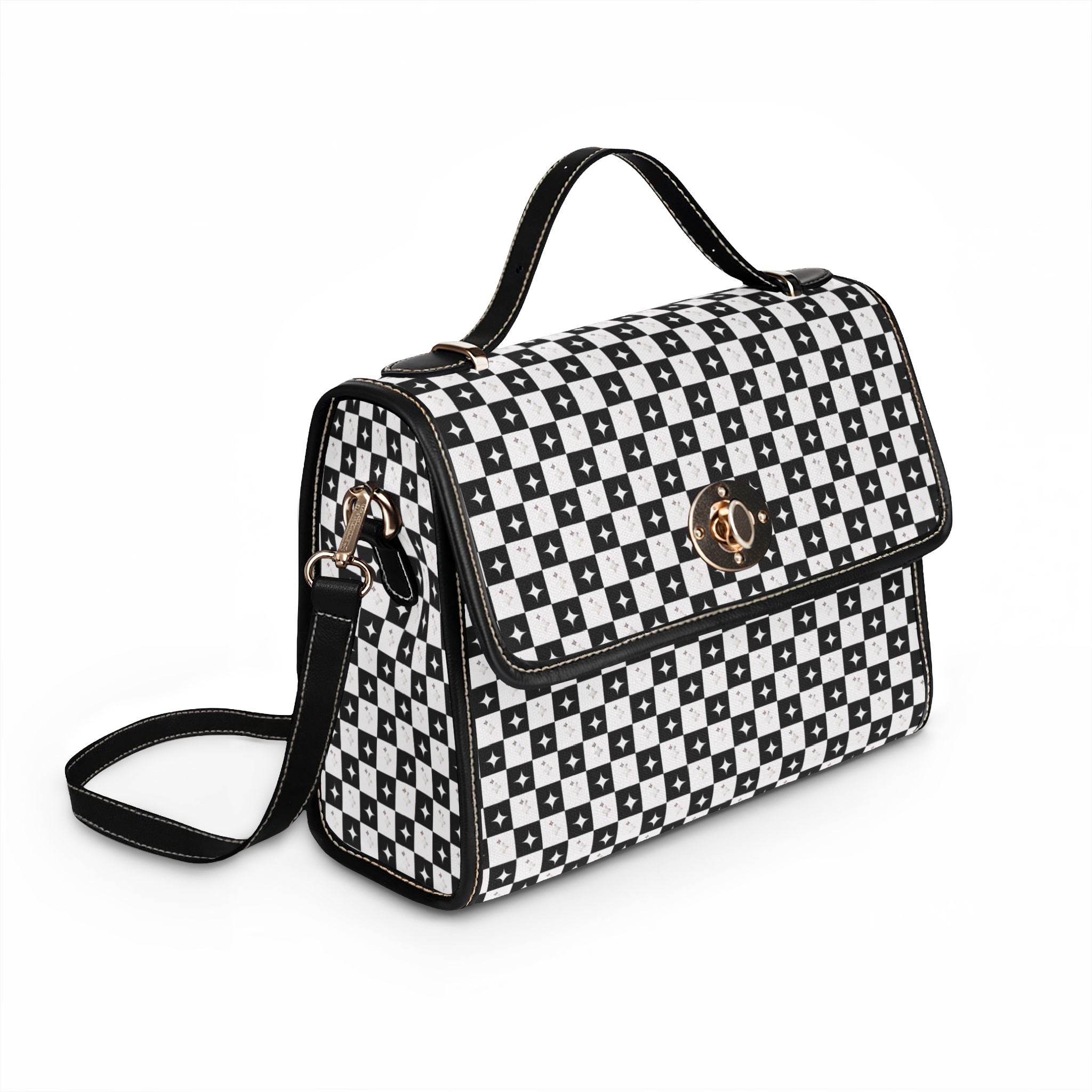 Black and White Checkerboard Pattern Stars Waterproof Canvas Bag
