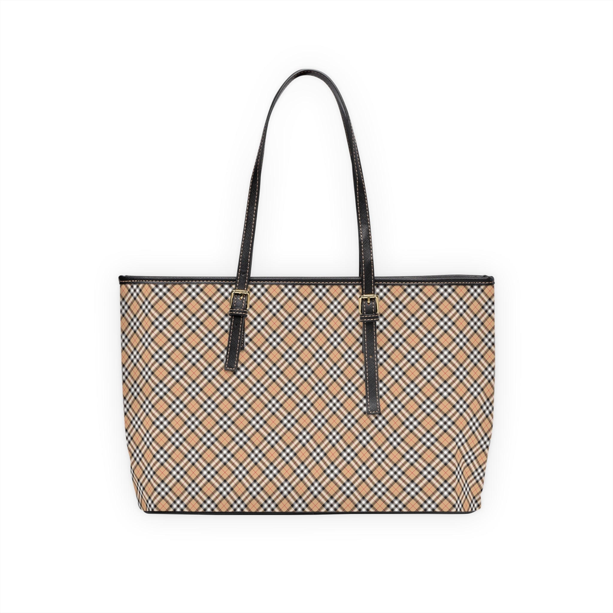 Tan Plaid Tote PU Leather Shoulder Bag | Checkered Pattern Handbag