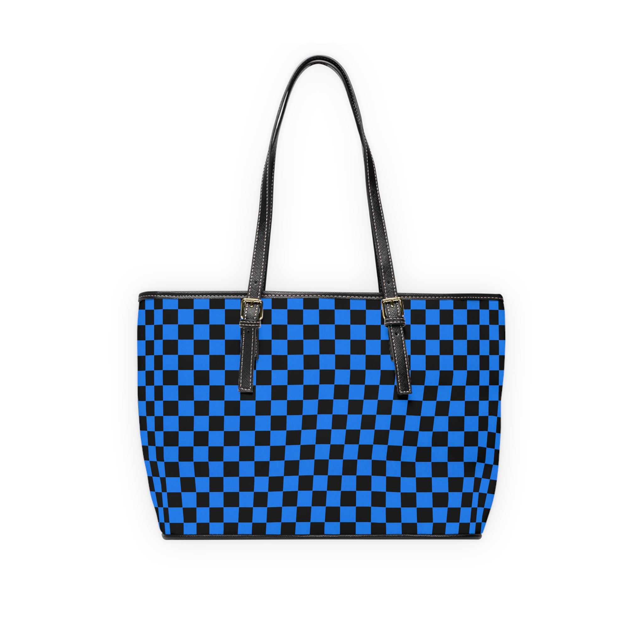 Blue/Black Checkerboard PU Leather Shoulder Bag — Stylish Tote for Everyday Use