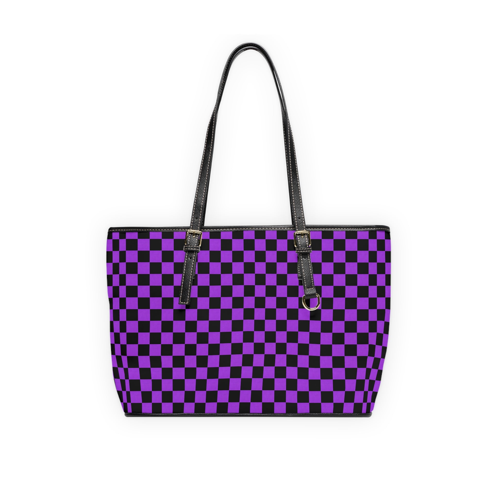 Purple Black Checkerboard Tote Bag — PU Leather Shoulder Bag