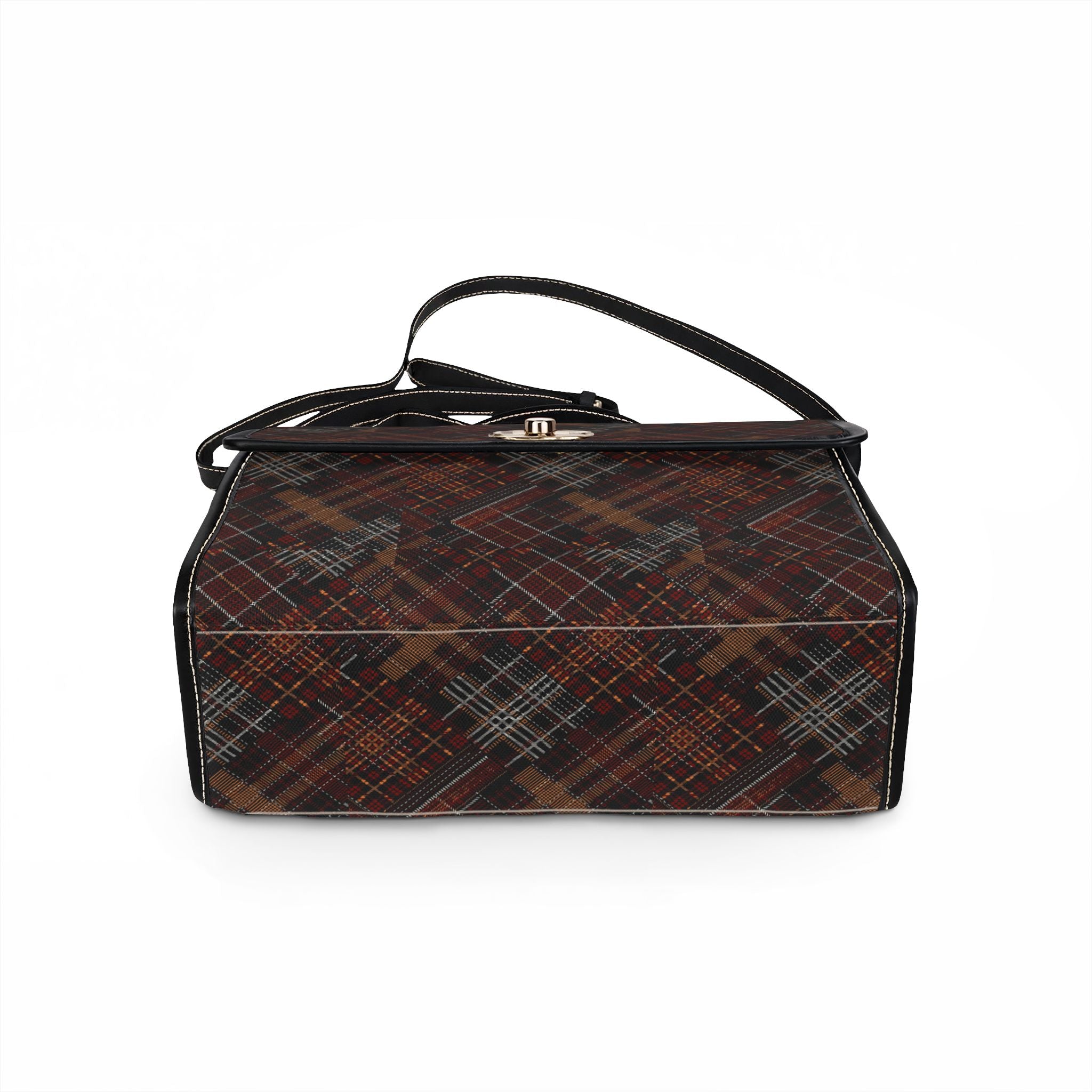 Waterproof Canvas Tote Bag — Vintage Plaid Leather-Trim Satchel
