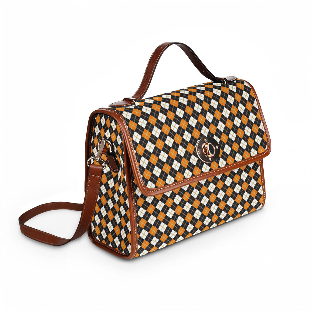 Orange Black Argyle Pattern Waterproof Canvas Bag | Plaid Satchel, Studded Trim