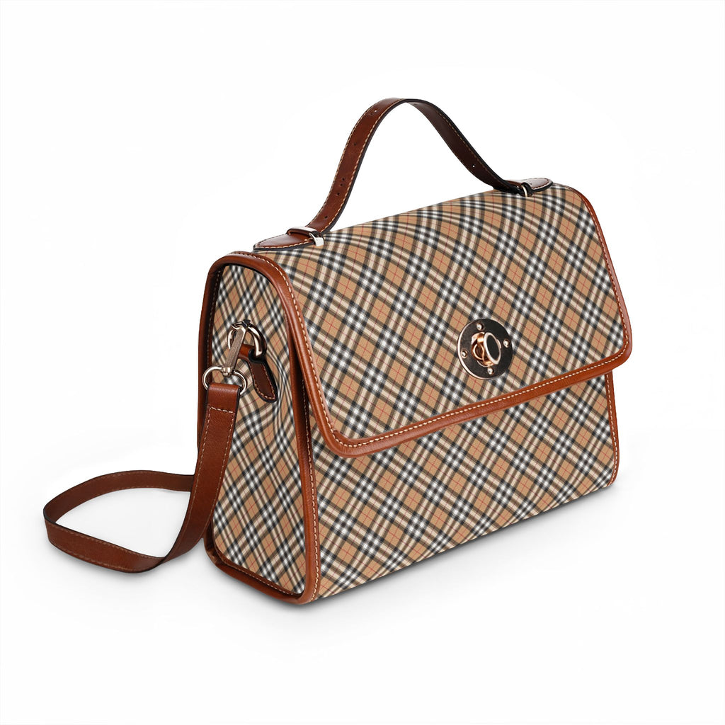 Tan Plaid Handbag Waterproof Canvas Bag | Vintage Check Pattern, Leather Trim
