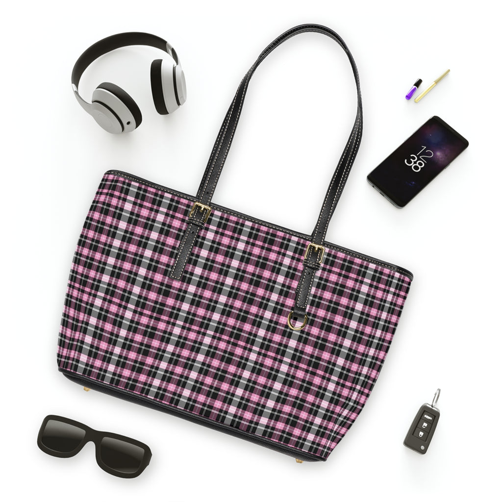 Pink Black Plaid Shoulder Bag | PU Leather Tote, Check Pattern