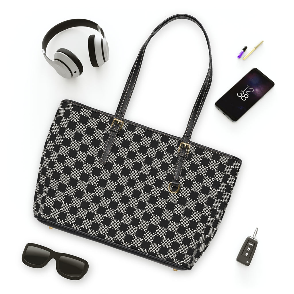 Checkerboard PU Shoulder Bag – Black Gray Tote for Everyday & Work