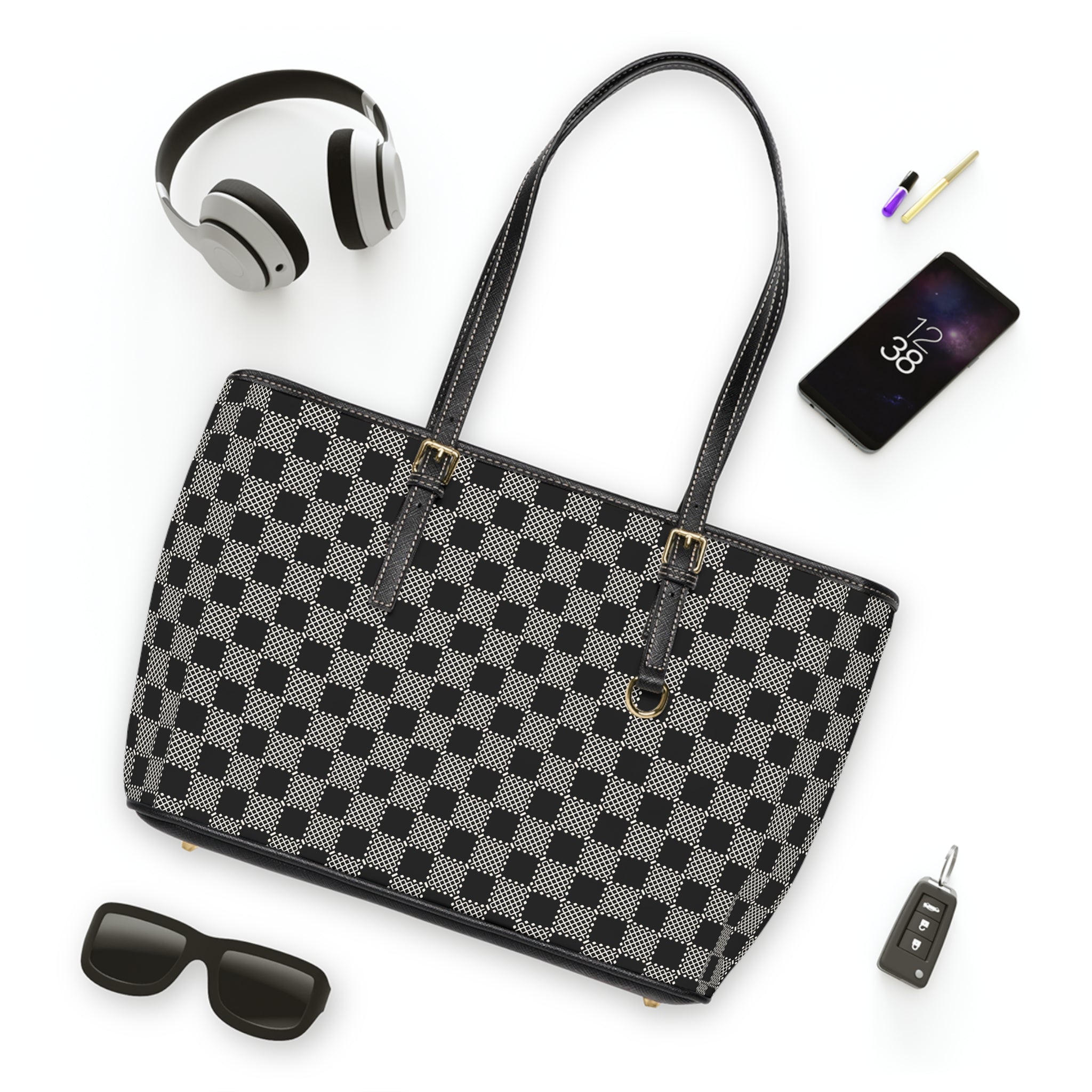 Checkerboard PU Shoulder Bag – Black Gray Tote for Everyday & Work
