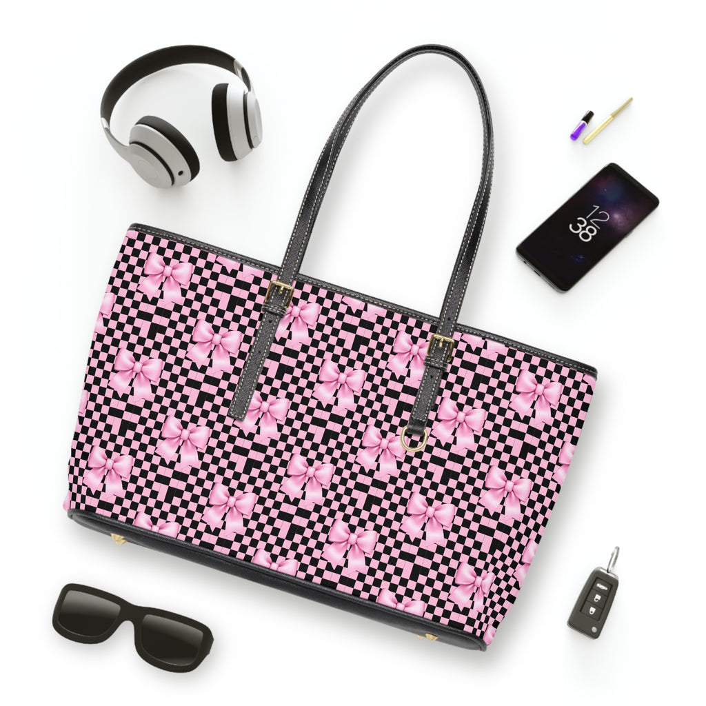 Pink Bow Checker Tote Bag — PU Leather Shoulder Tote