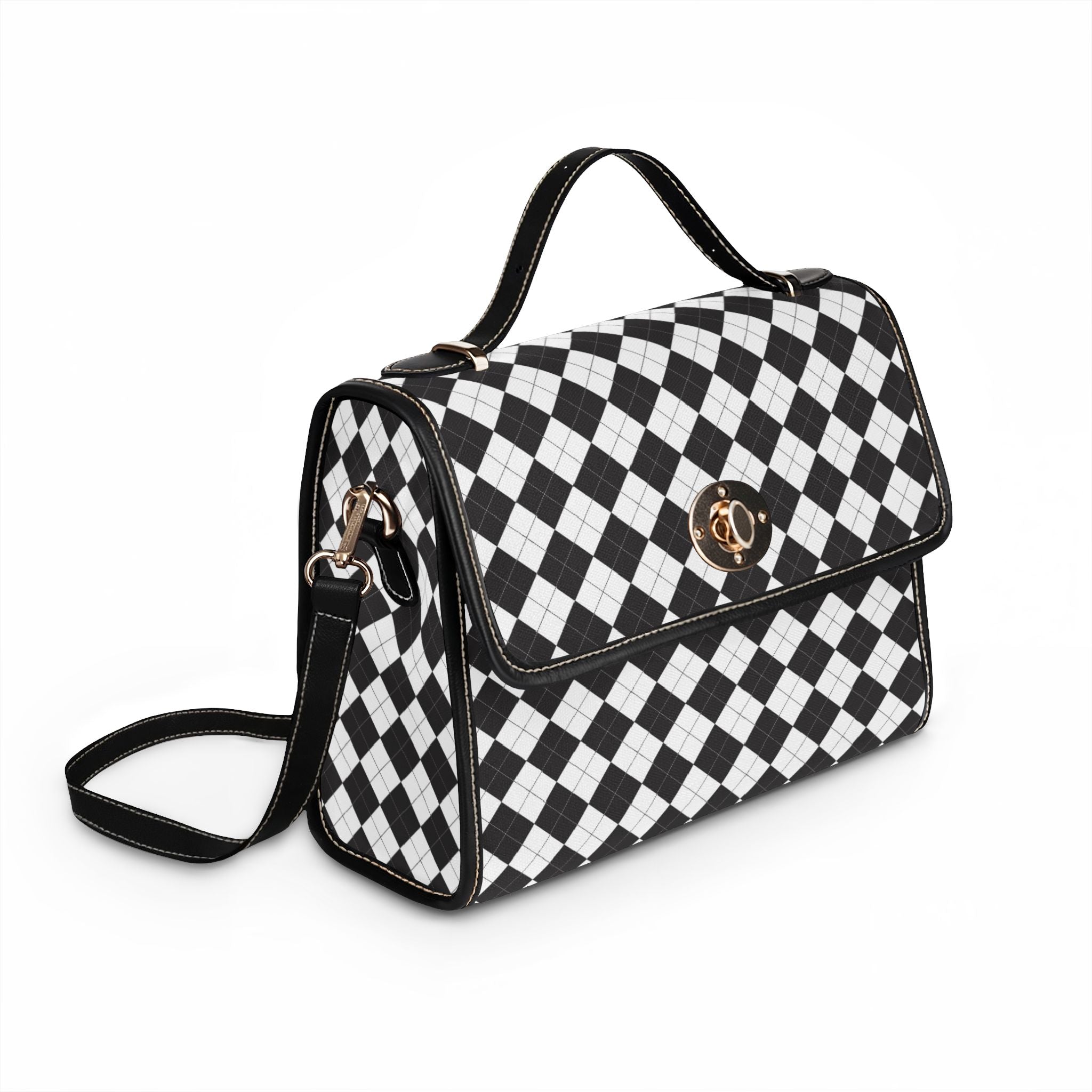 Black White Argyle Pattern Waterproof Canvas Bag | Checkered Satchel, Crossbody