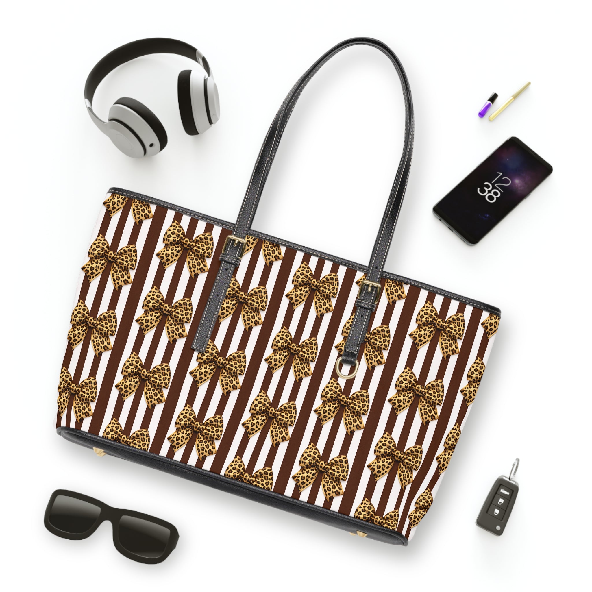 Leopard Bow Striped PU Leather Shoulder Bag