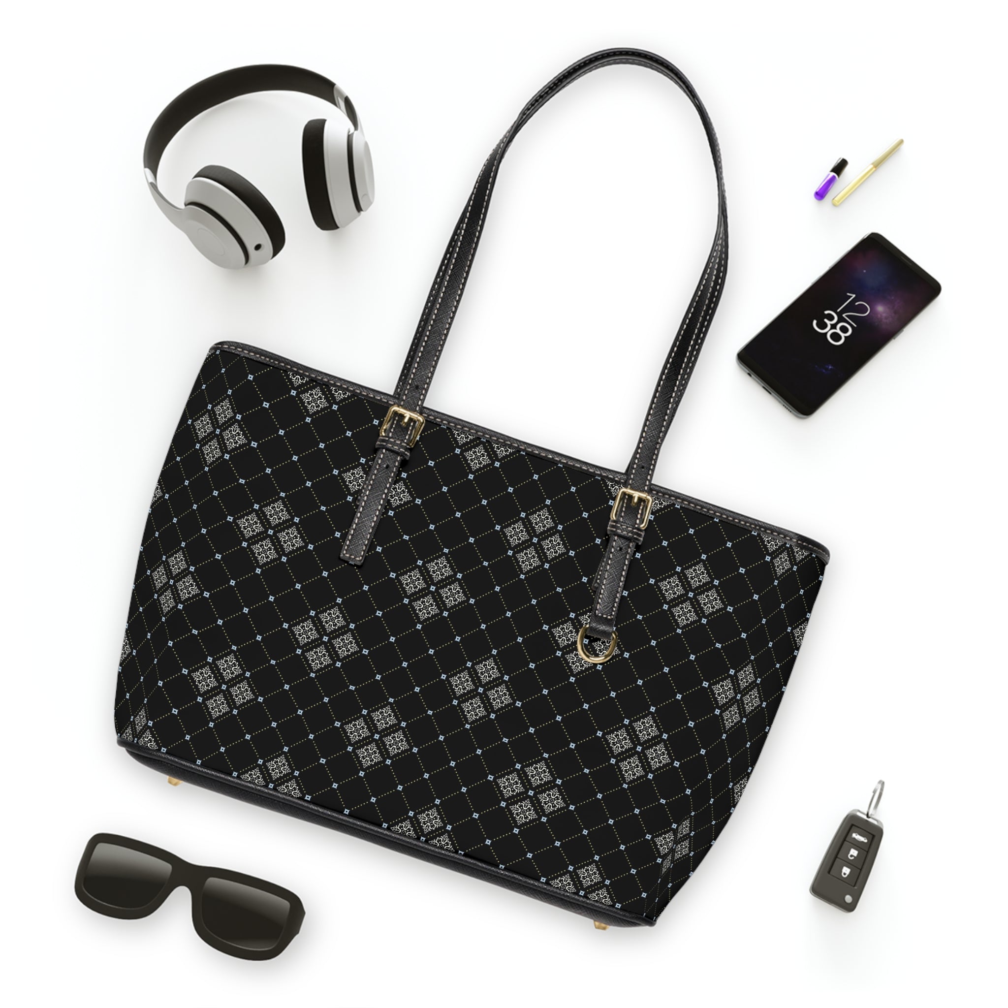 Black Argyle PU Leather Shoulder Bag – Stylish Tote for Work & Everyday