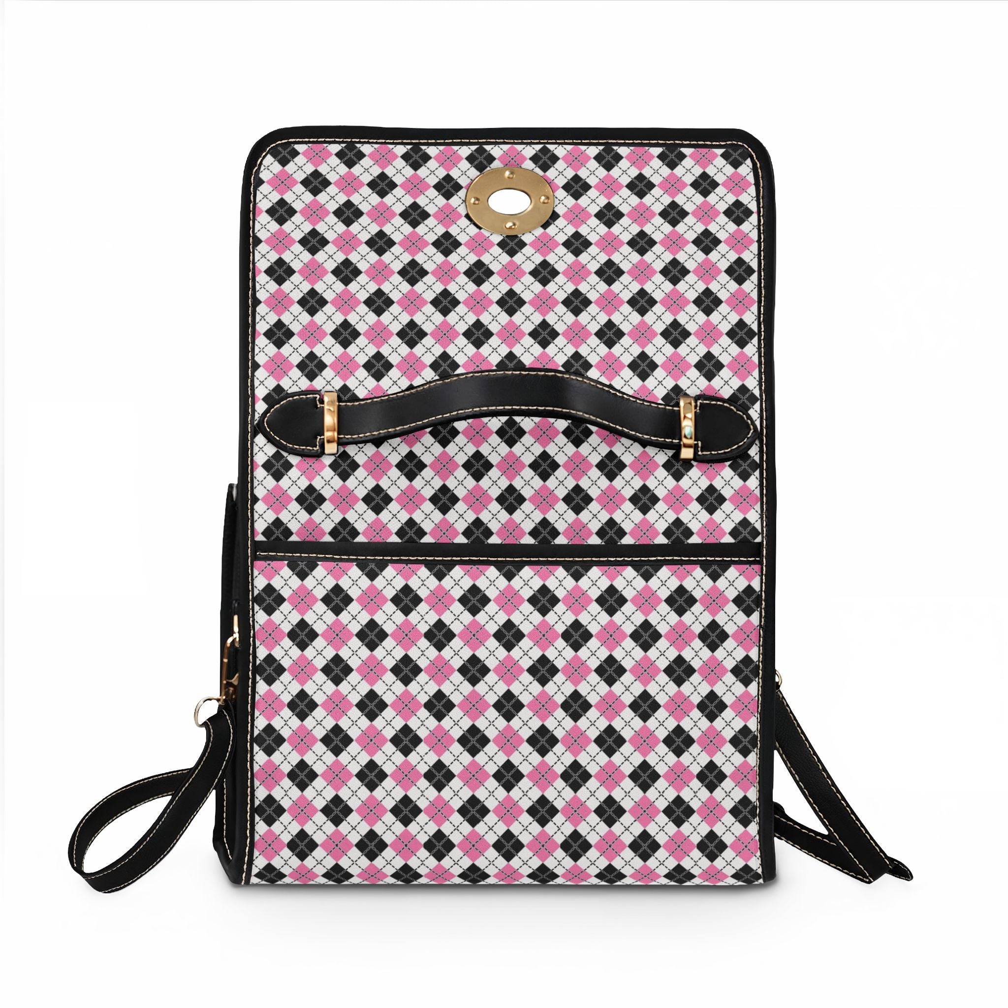 Pink Black Argyle Pattern Waterproof Canvas Bag | Crossbody Satchel