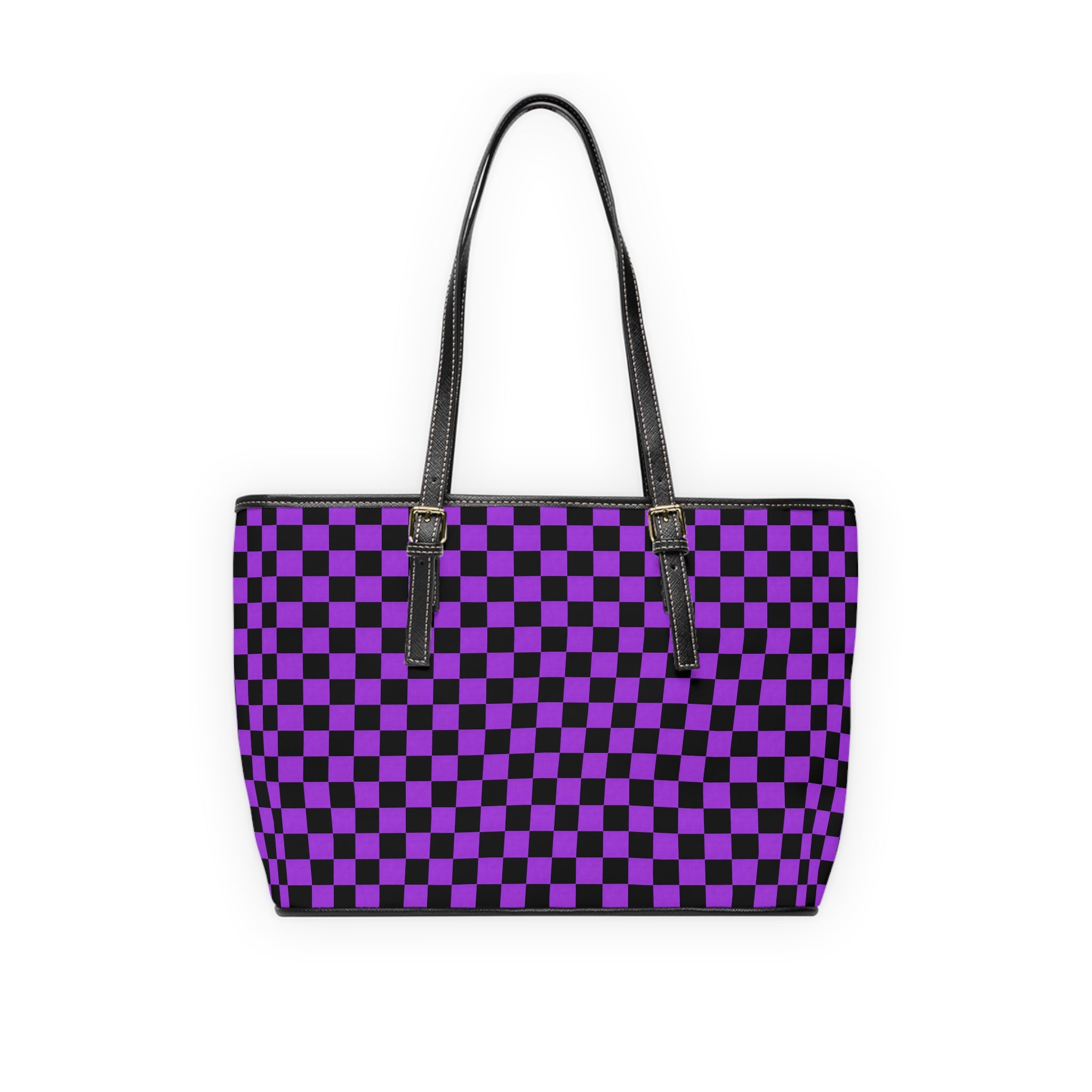 Purple Black Checkerboard Tote Bag — PU Leather Shoulder Bag