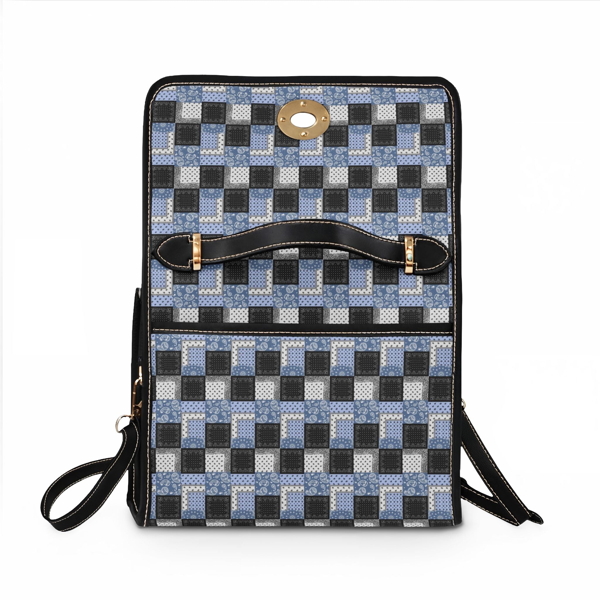 Blue Gray Geometric Checkered Waterproof Canvas Bag | Crossbody Tote