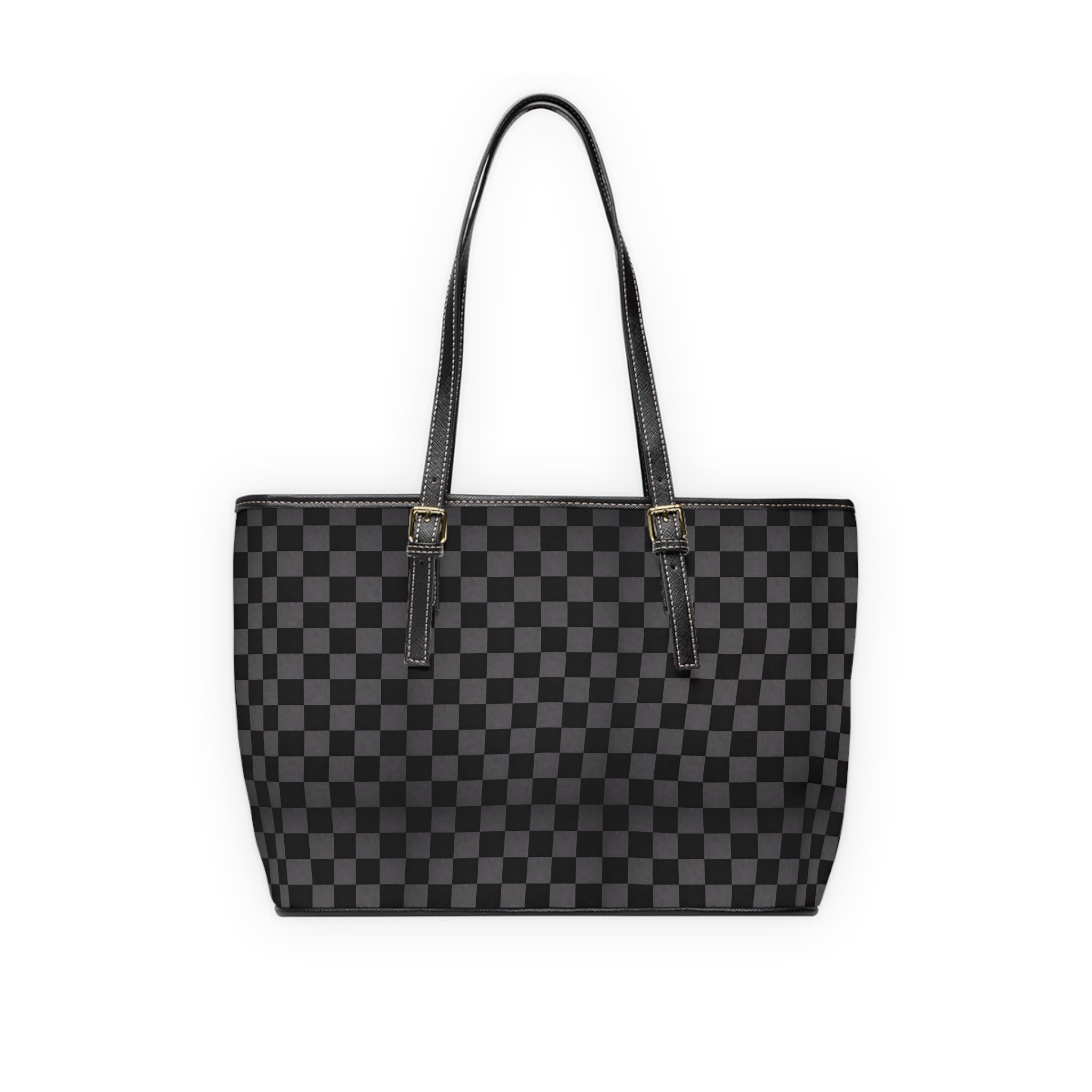 Checkered PU Leather Shoulder Bag — Stylish Black Tote for Everyday Use