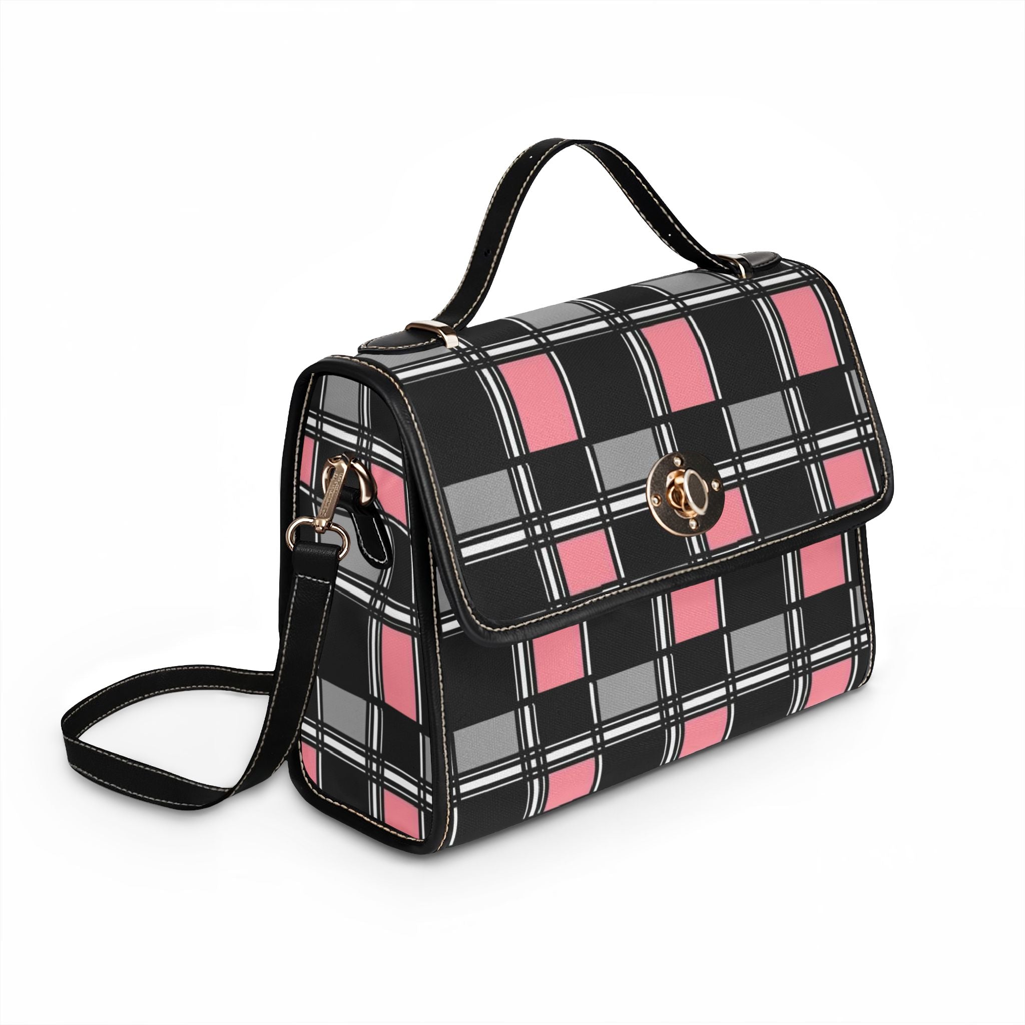 Pink Black Plaid Waterproof Canvas Bag | Checker Tote Purse