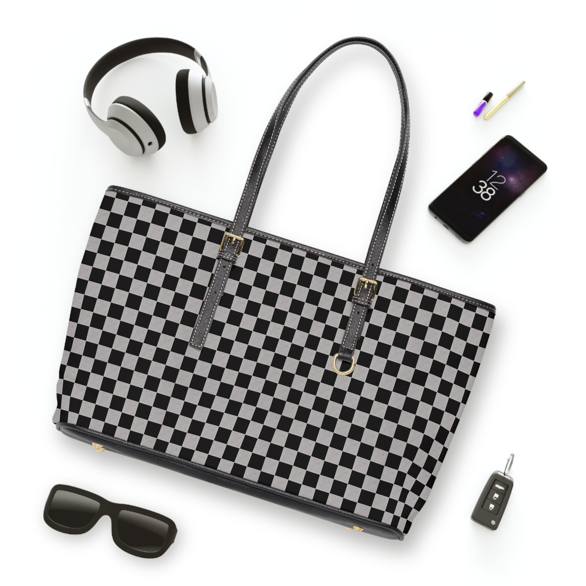 Checkered PU Leather Shoulder Bag — Black & White Tote with Classic Checkerboard Pattern