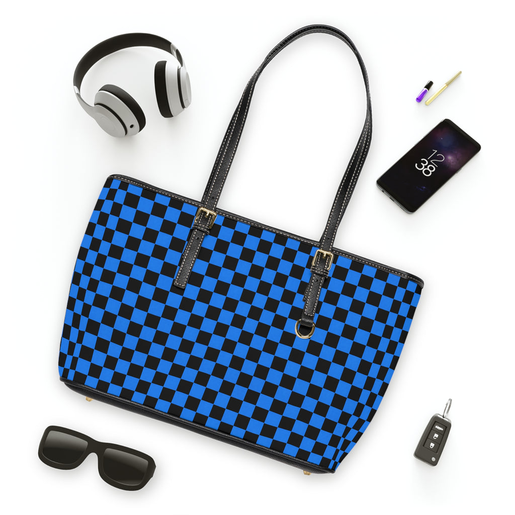 Blue/Black Checkerboard PU Leather Shoulder Bag — Stylish Tote for Everyday Use