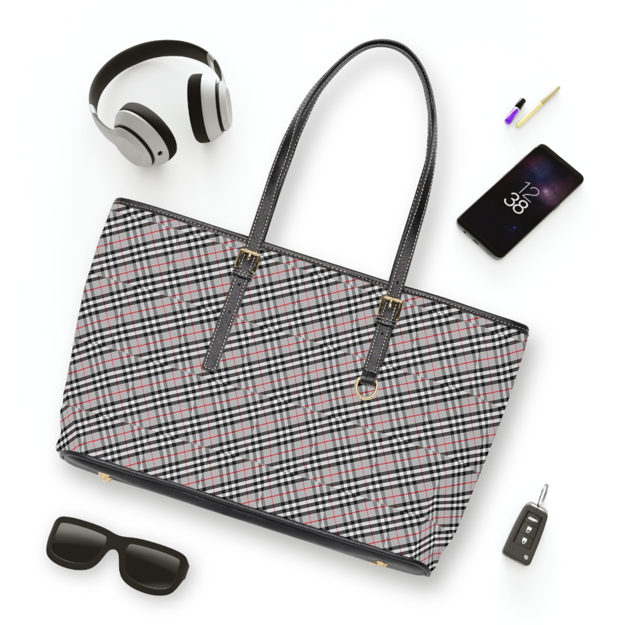 Pink Black Plaid Shoulder Bag | PU Leather Tote