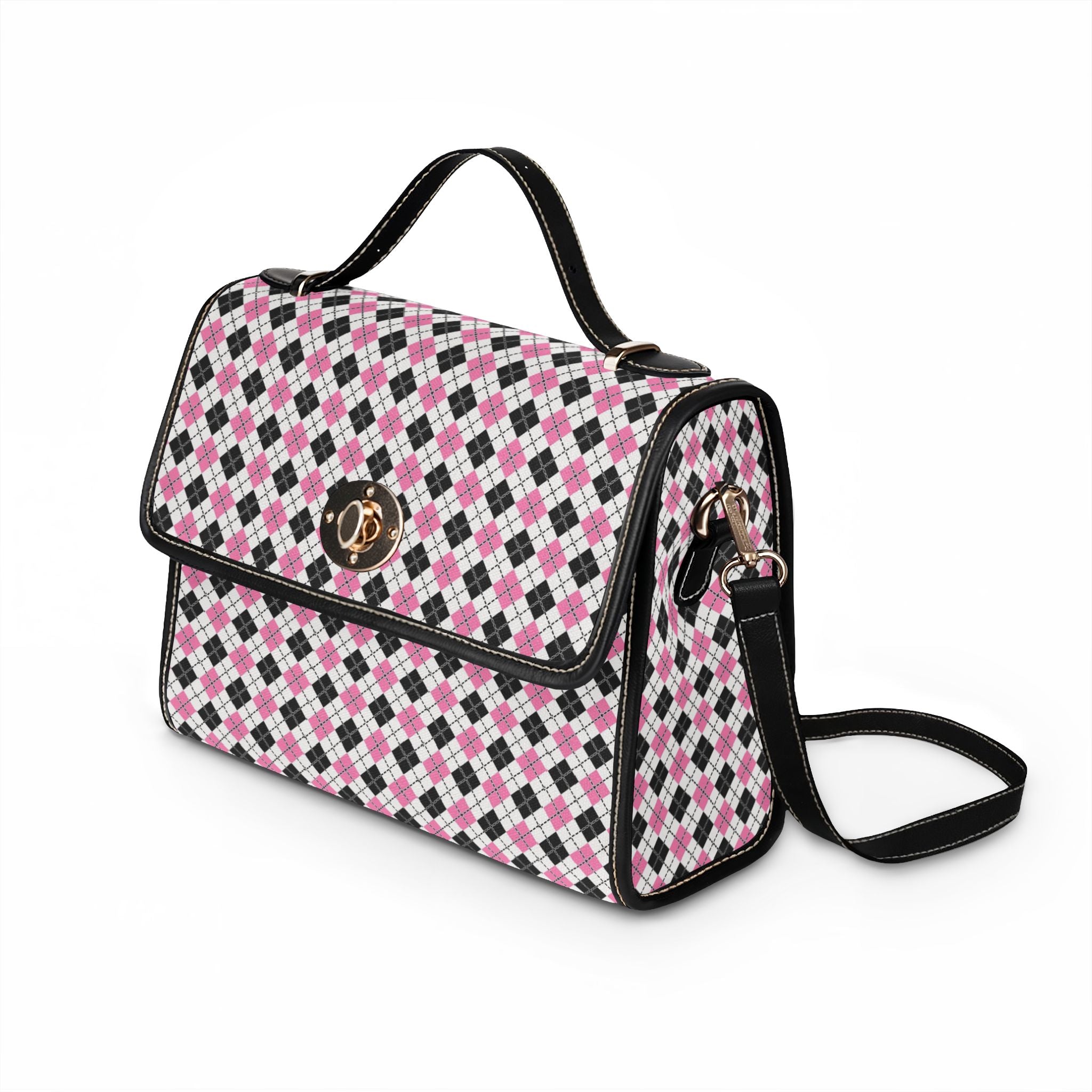 Pink Black Argyle Pattern Waterproof Canvas Bag | Crossbody Satchel