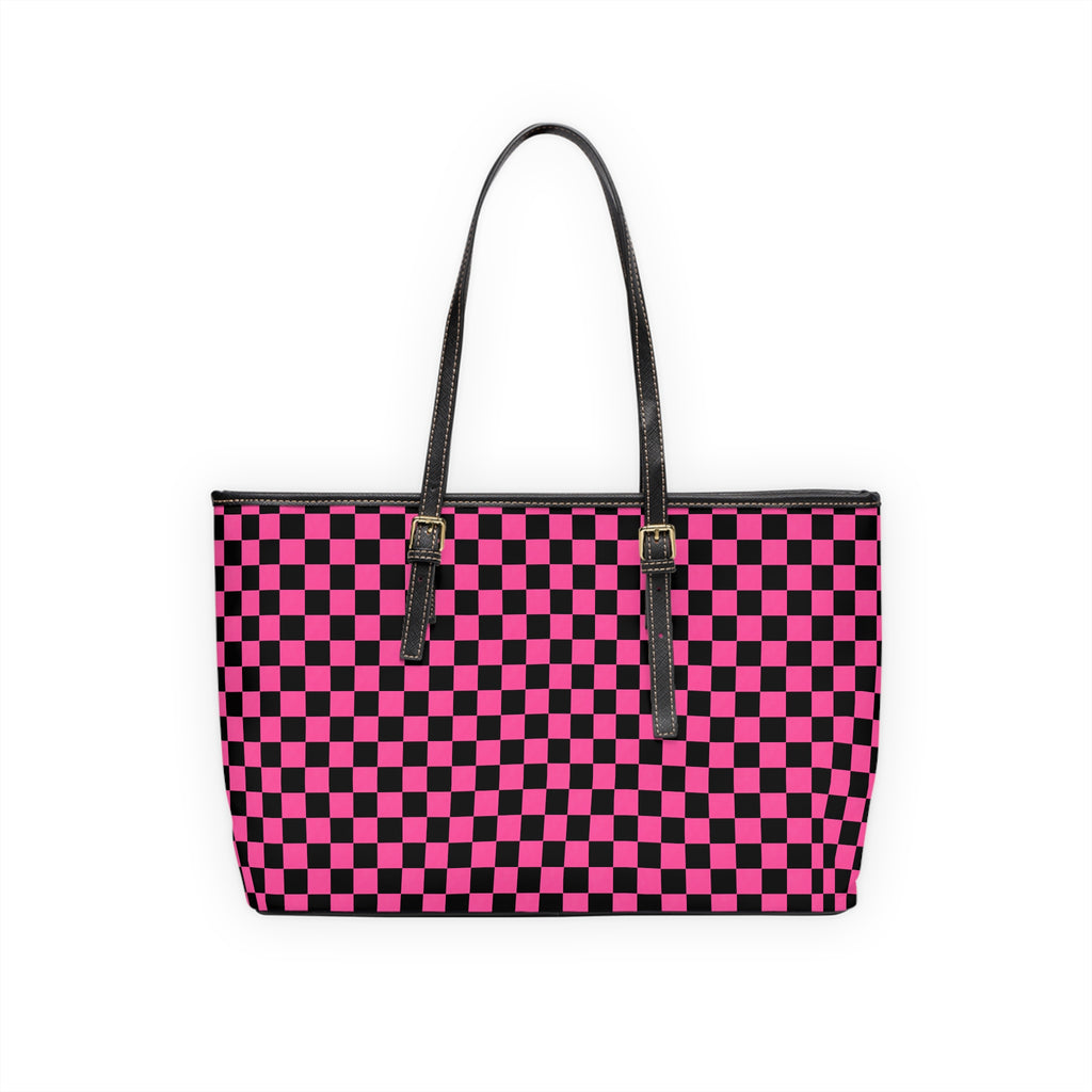 Pink & Black Checkerboard PU Shoulder Bag — Trendy Tote for Everyday Use