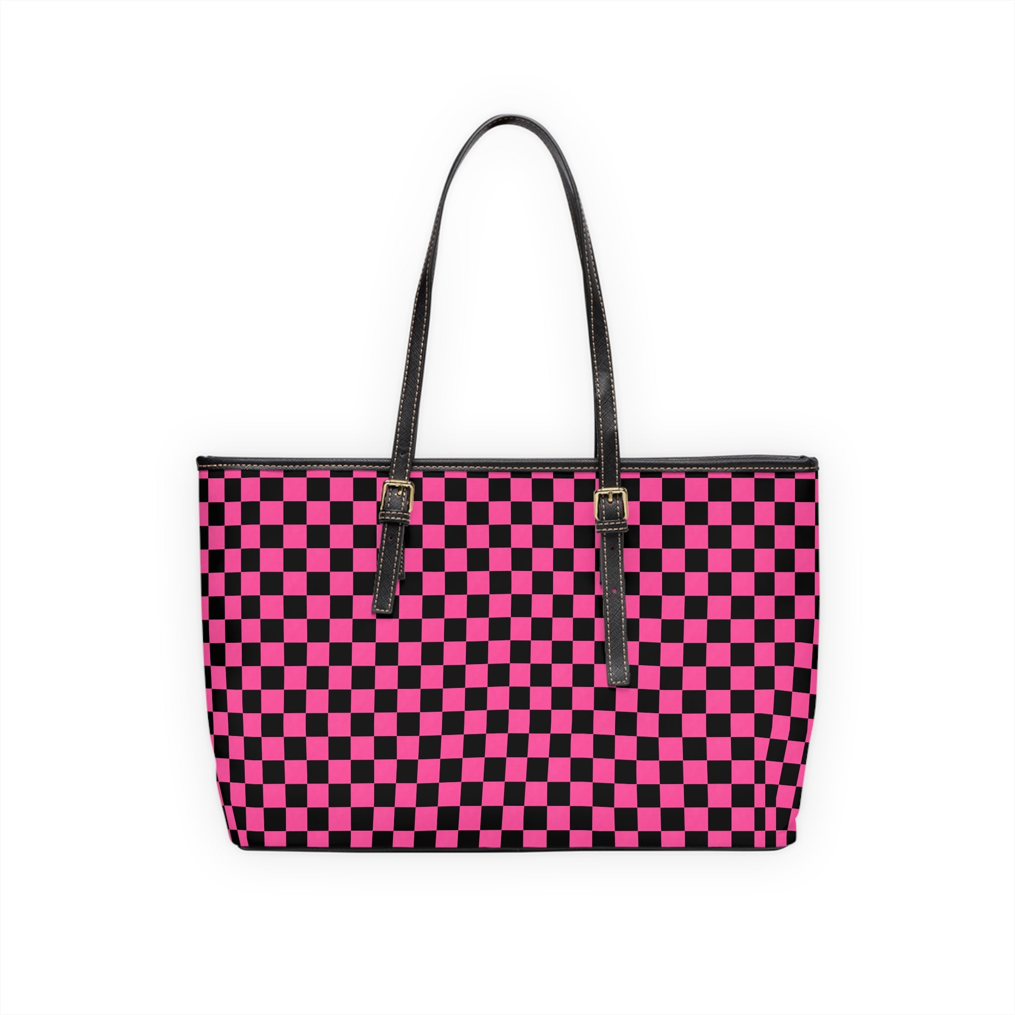 Pink & Black Checkerboard PU Shoulder Bag — Trendy Tote for Everyday Use
