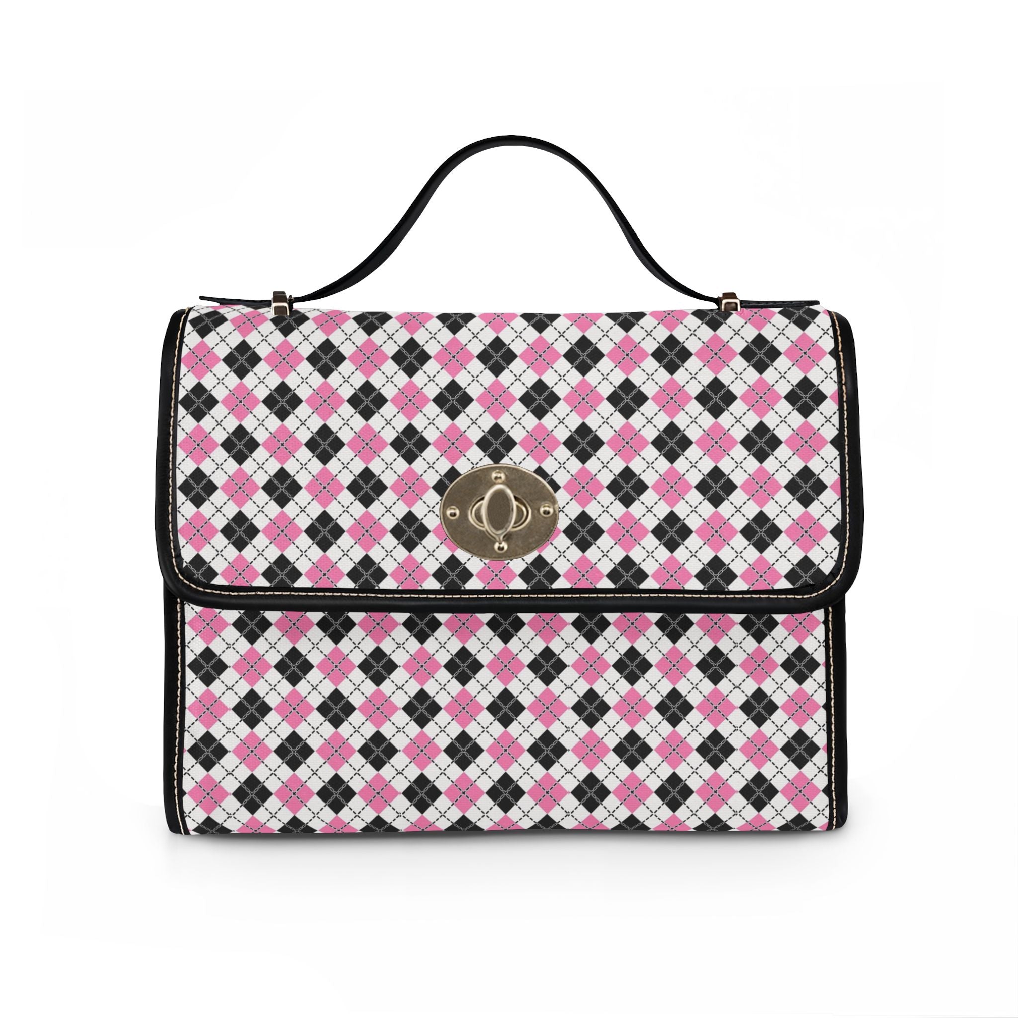 Pink Black Argyle Pattern Waterproof Canvas Bag | Crossbody Satchel