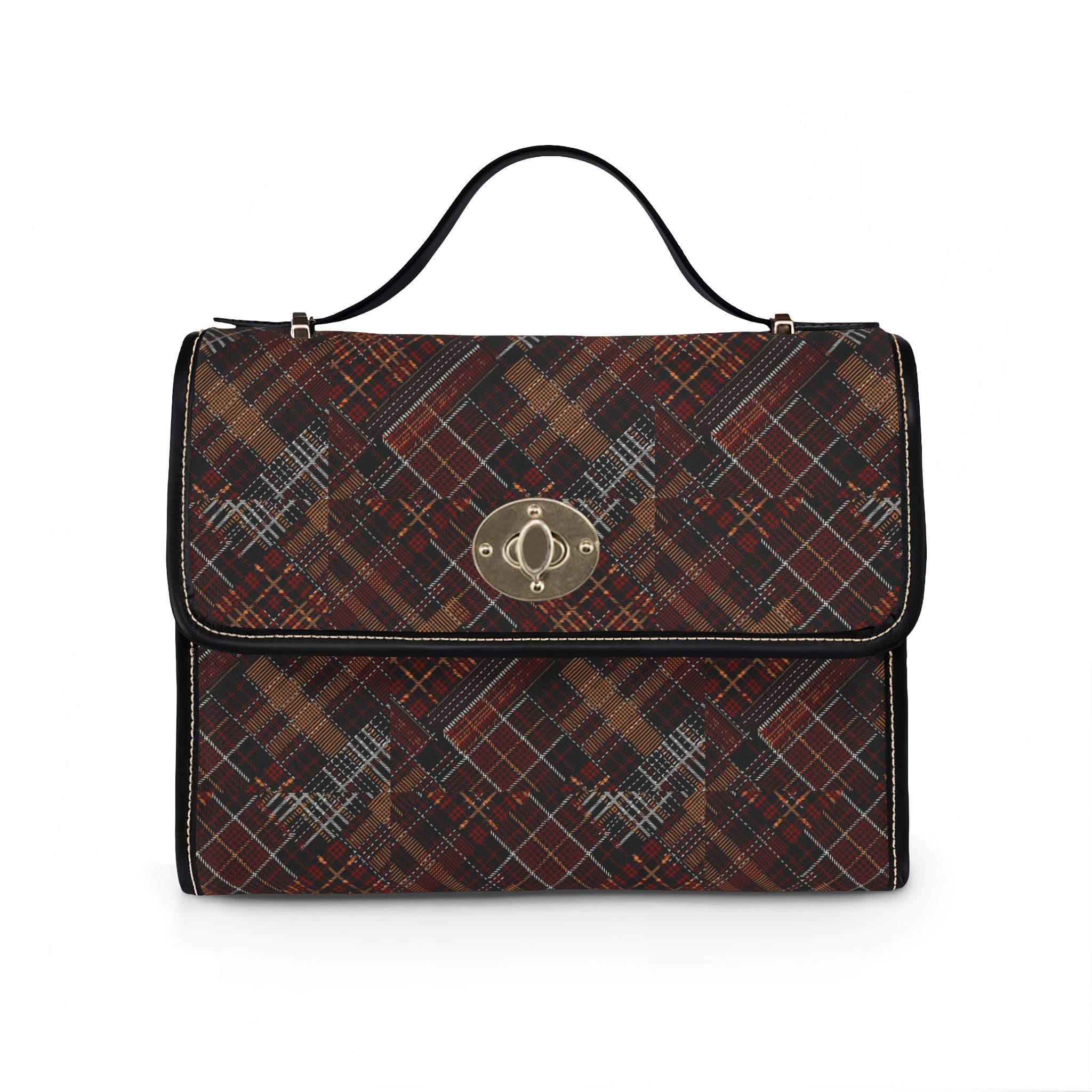 Waterproof Canvas Tote Bag — Vintage Plaid Leather-Trim Satchel