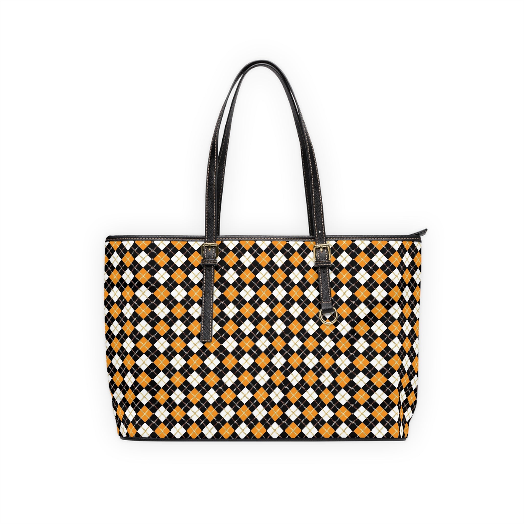 Black Orange White Argyle Pattern PU Leather Shoulder Bag | Plaid Tote