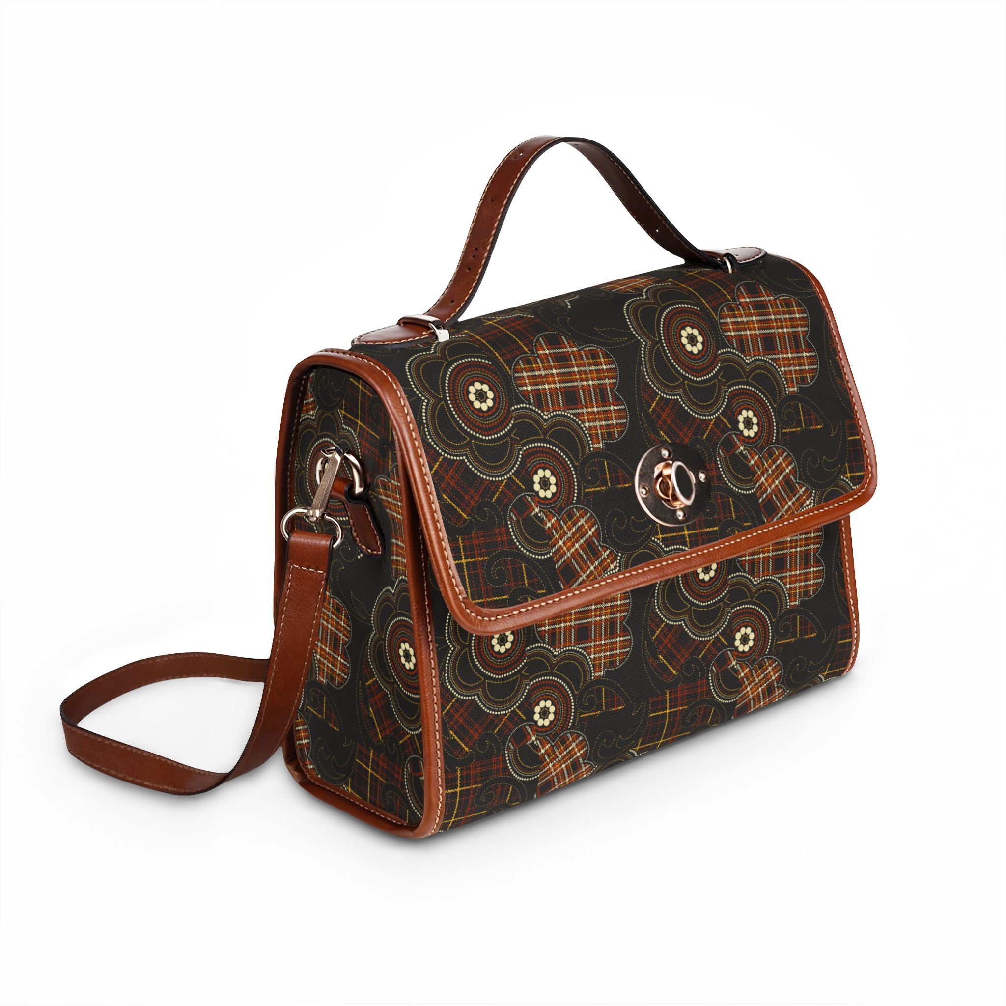 Flower with Plaid Pattern Brown Waterproof Canvas Bag