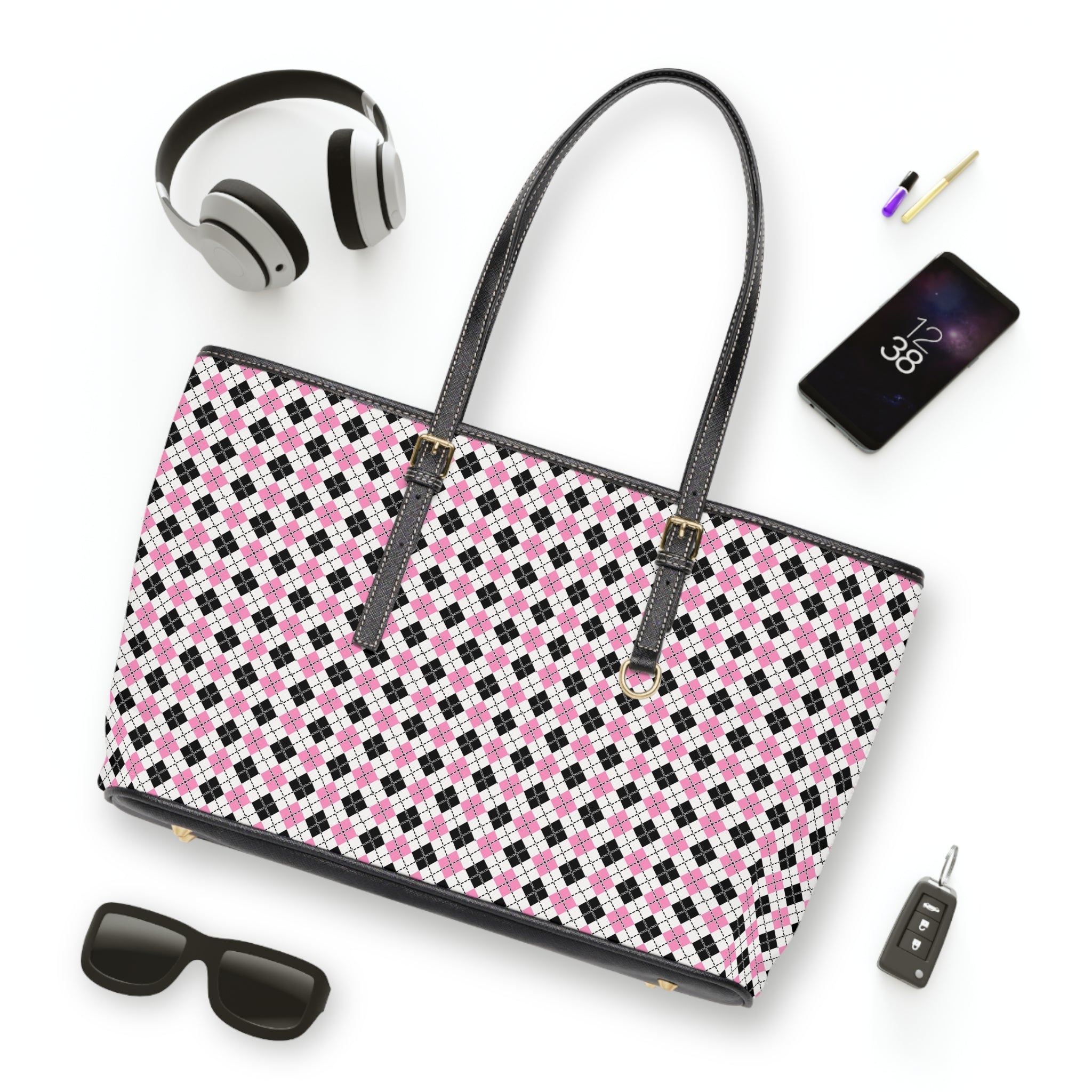 Pink Black Argyle Pattern Shoulder Bag | Geometric Tote, PU Leather