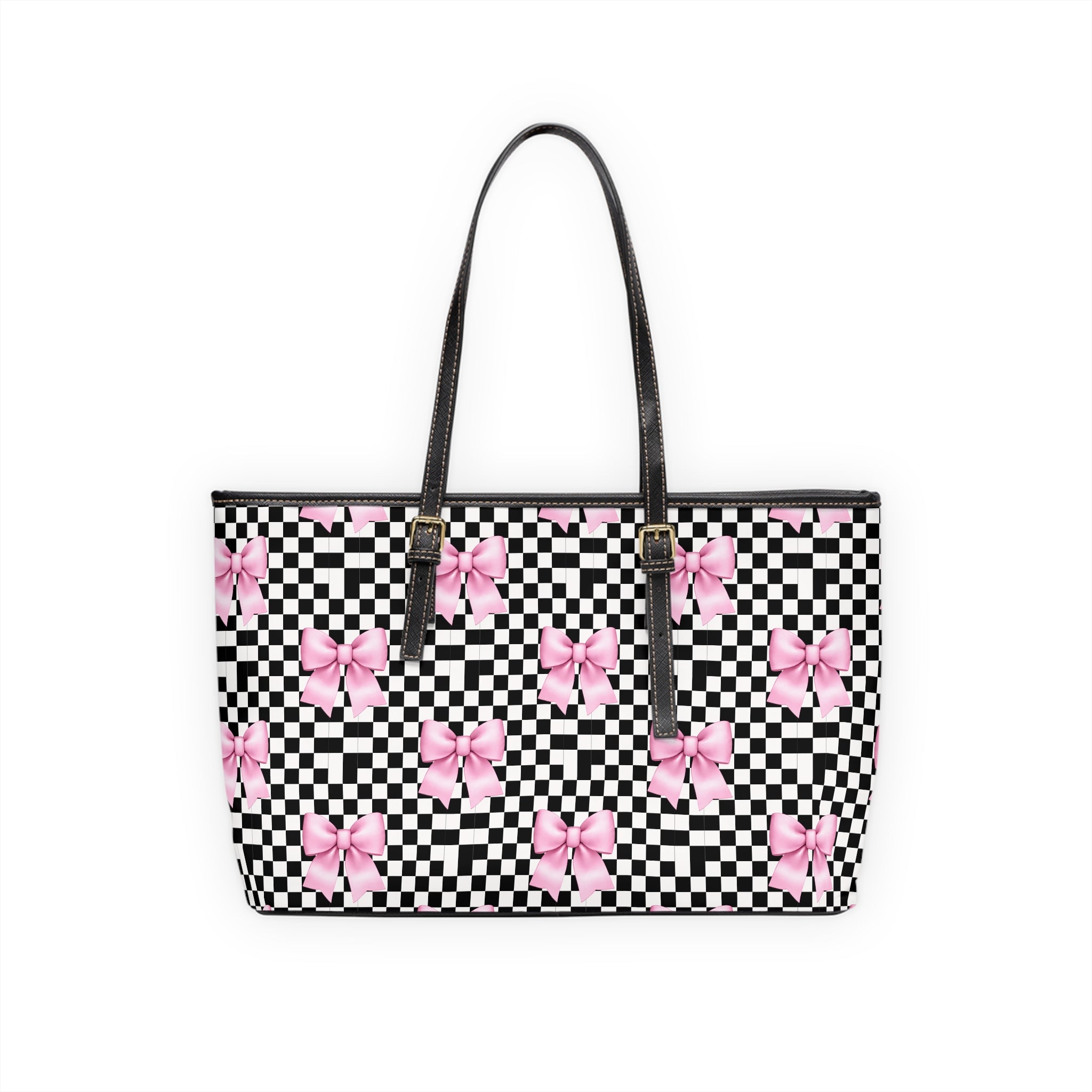Checkered Pink Bow PU Shoulder Bag — Feminine Checkerboard Tote for Everyday & Gifts