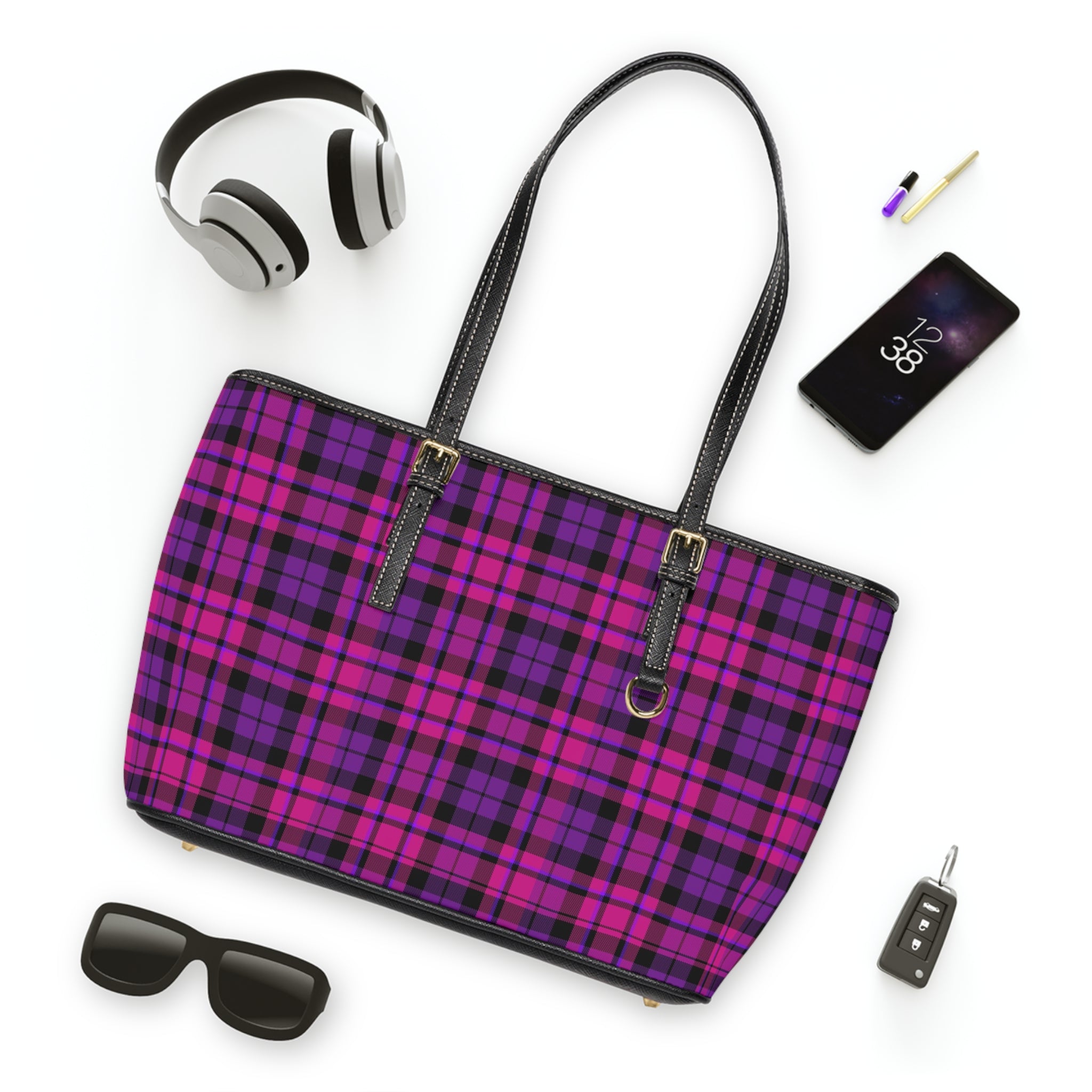 Purple Plaid Shoulder Bag | Pink Tartan Tote