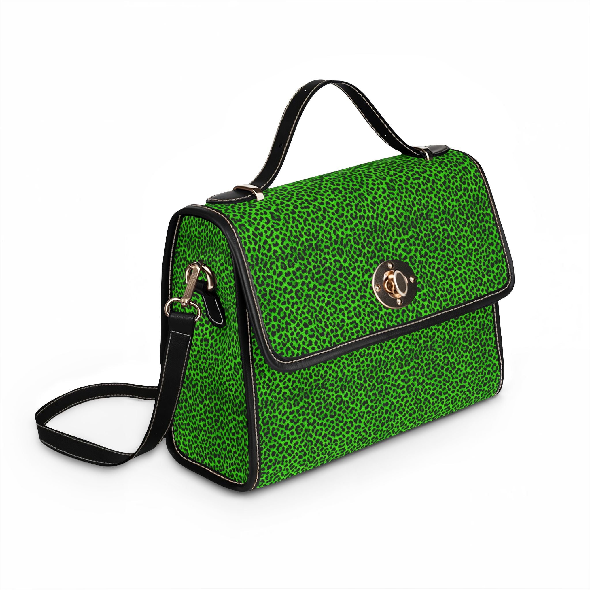 Green Leopard Print Waterproof Canvas Bag | Top Handle Satchel, Crossbody Strap