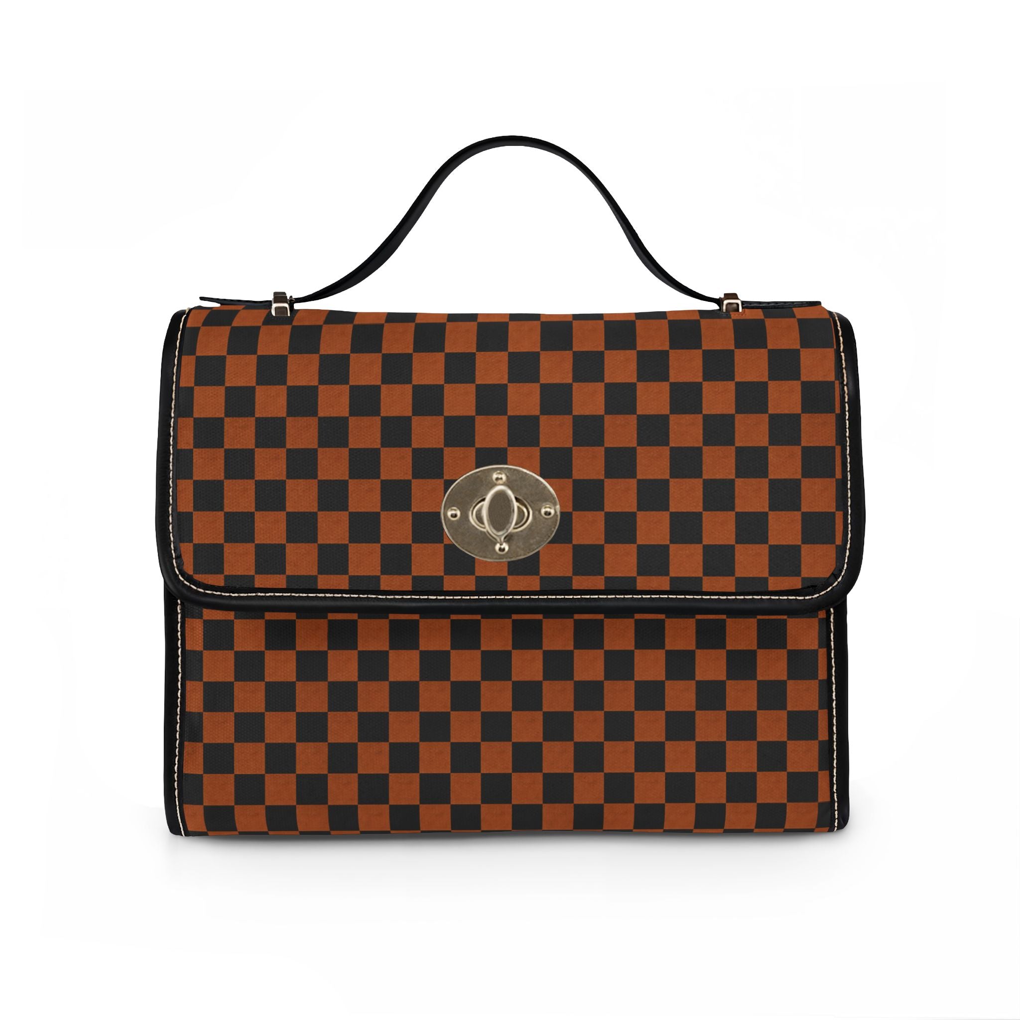 Brown Checkerboard Waterproof Canvas Bag | Top Handle Shoulder Bag
