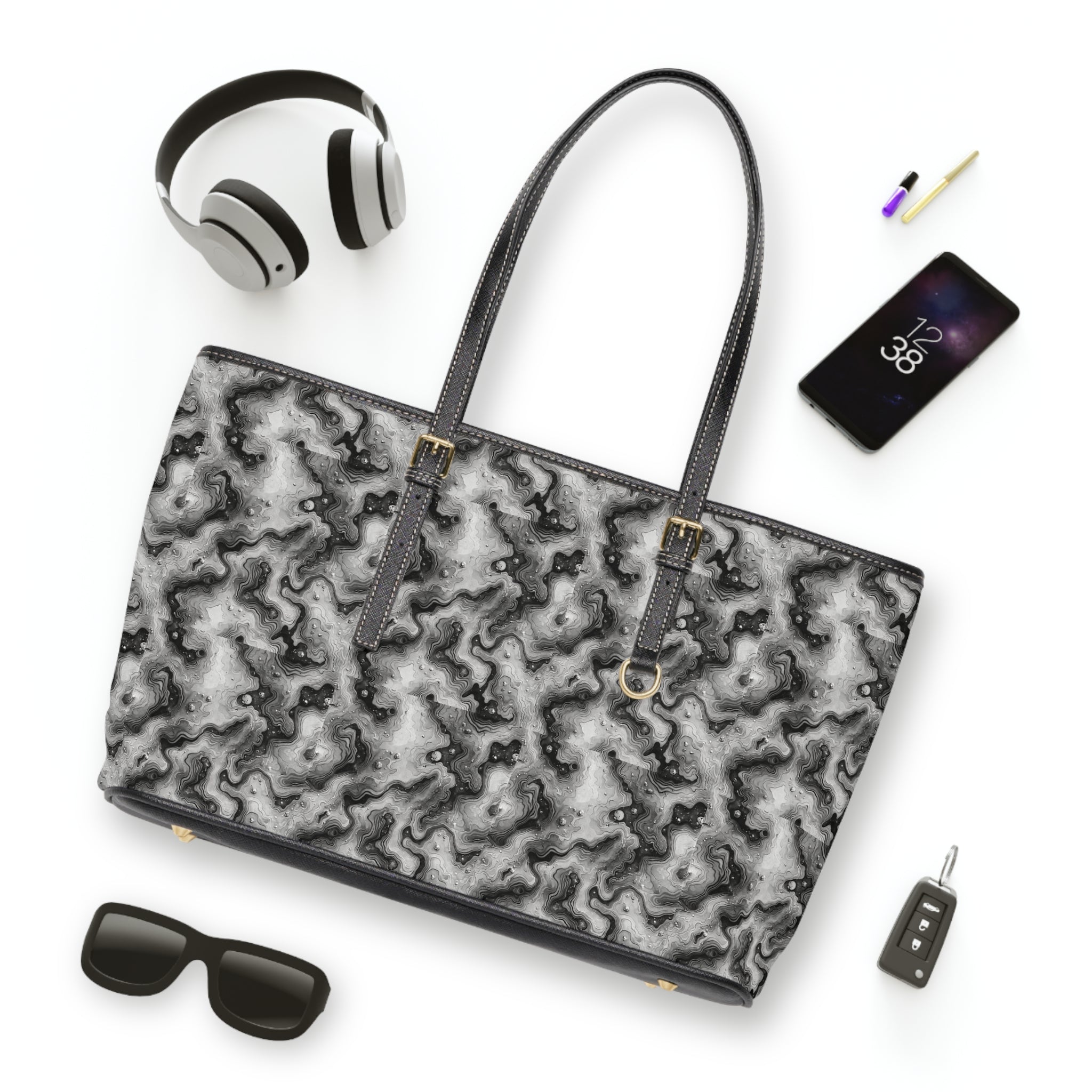 Abstract Marble Swirl PU Leather Shoulder Bag | Black White Marble Pattern