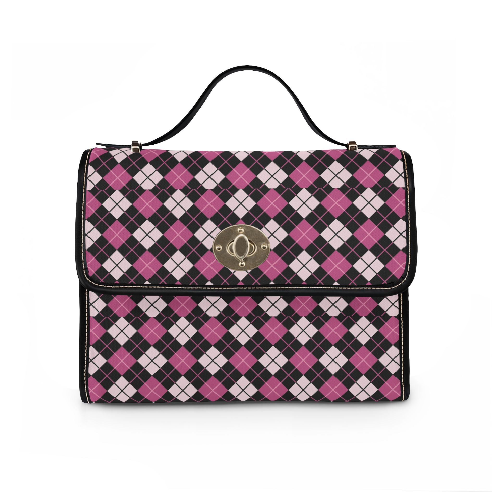 Pink Black Argyle Pattern Waterproof Canvas Bag | Plaid Handbag