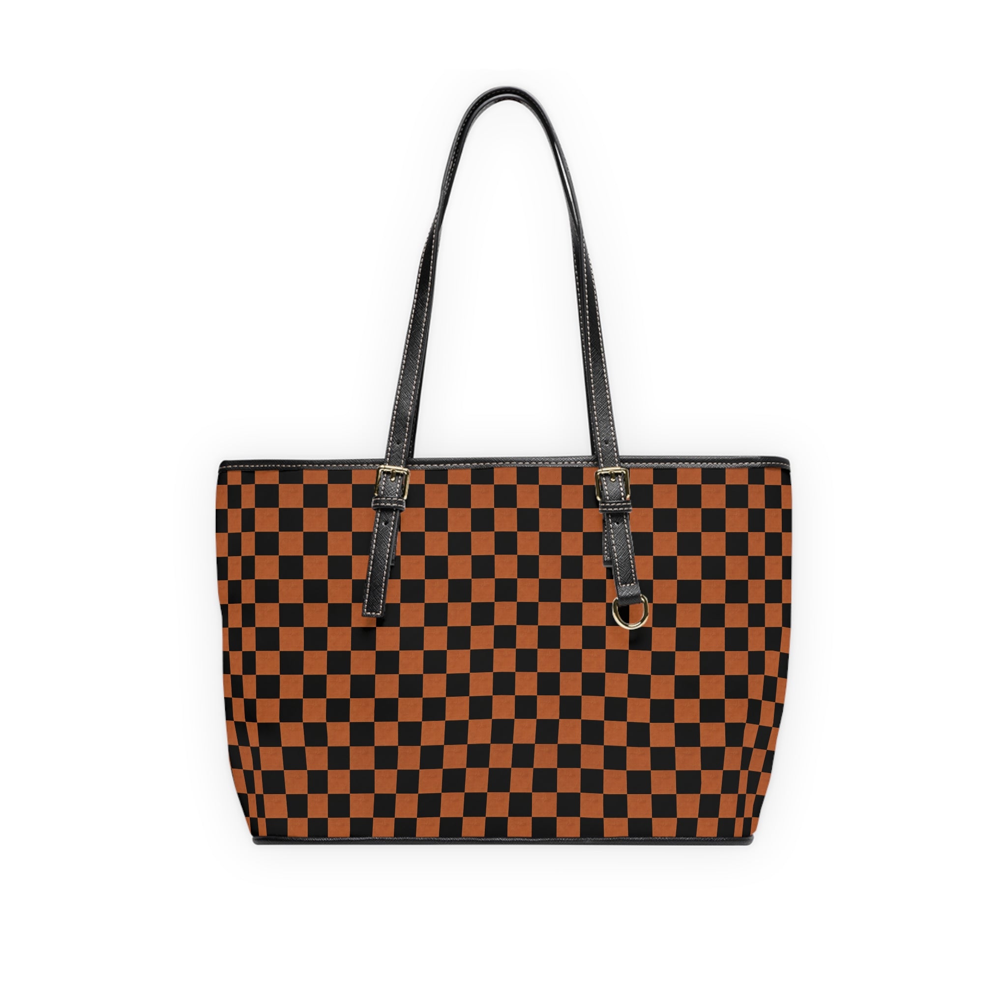 Checkerboard PU Leather Shoulder Bag — Black & Brown Tote