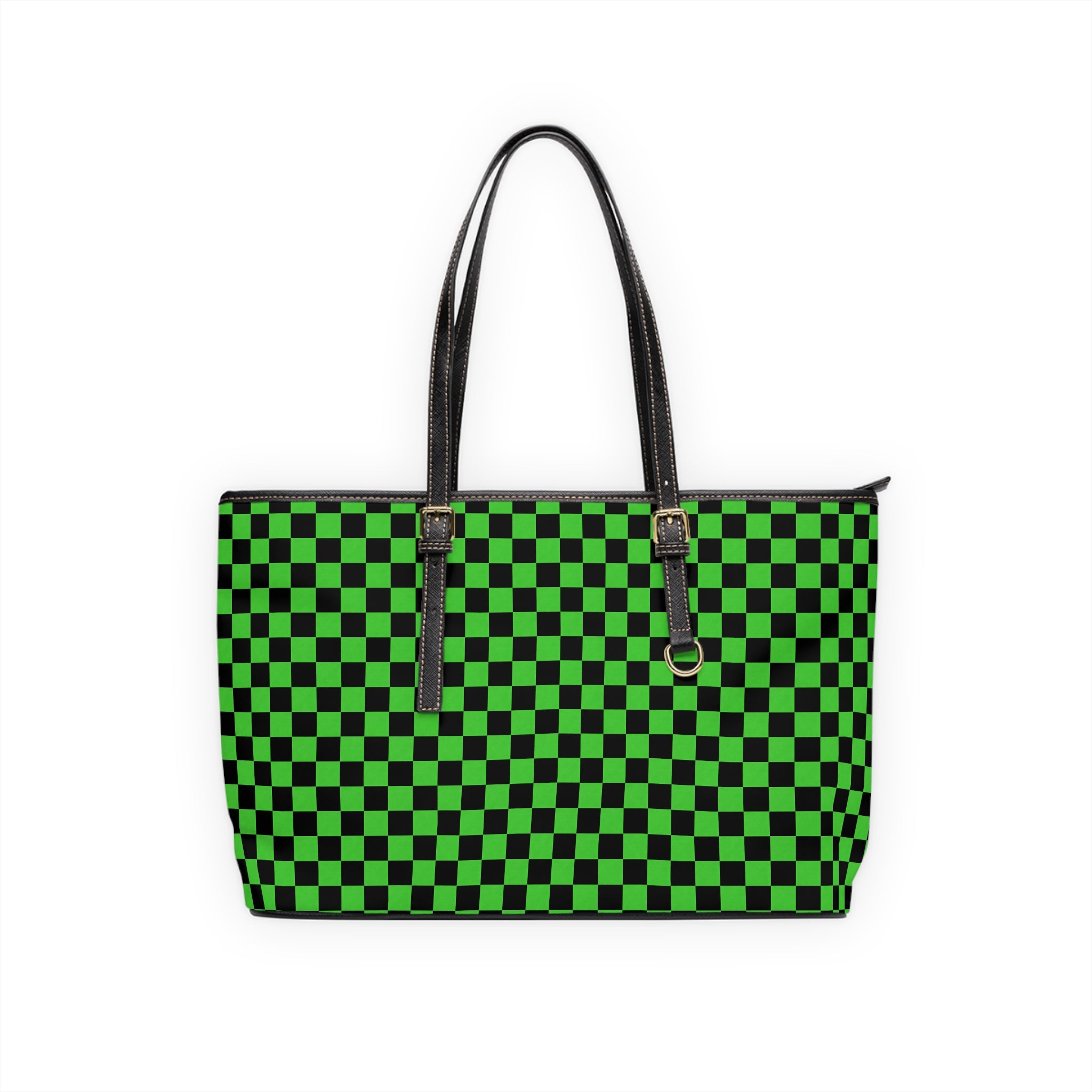 Green Checkerboard PU Leather Shoulder Bag — Retro Skate Tote